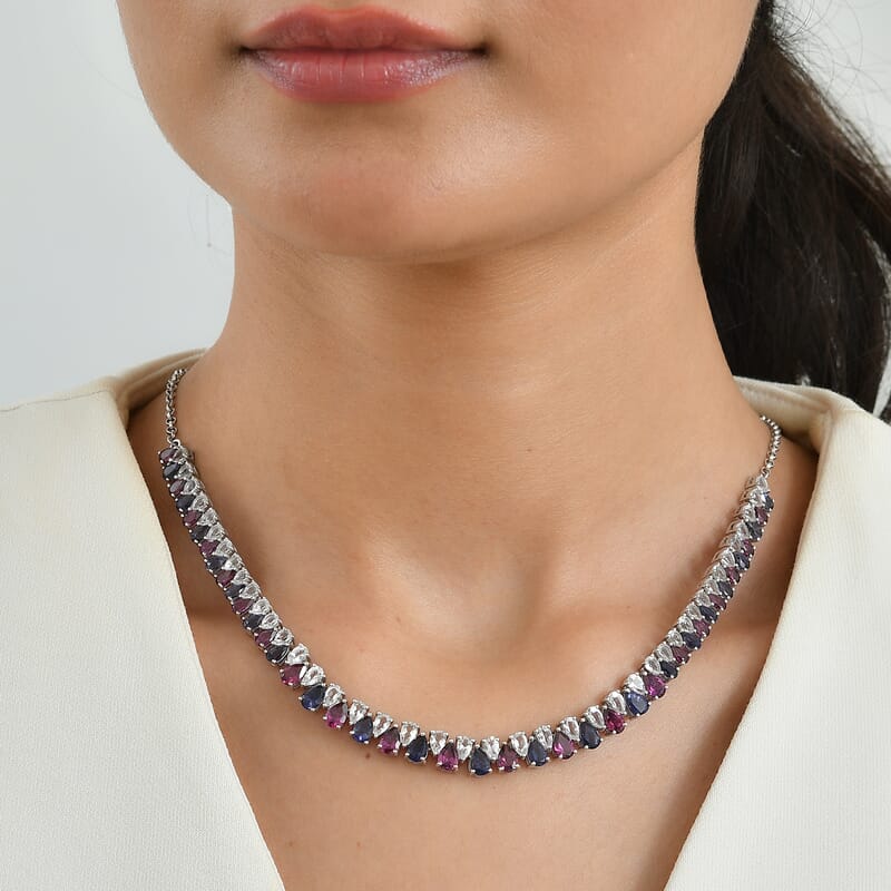 D'Joy Multi Gemstone 22.60 ctw Tricolor Riviere Necklace (18 Inches) in Rhodium Over Sterling Silver