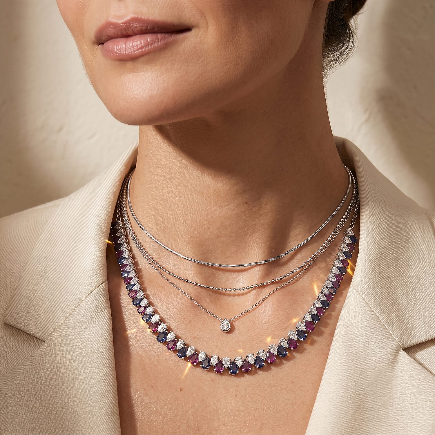 D'Joy Multi Gemstone 22.60 ctw Tricolor Riviere Necklace (18 Inches) in Rhodium Over Sterling Silver