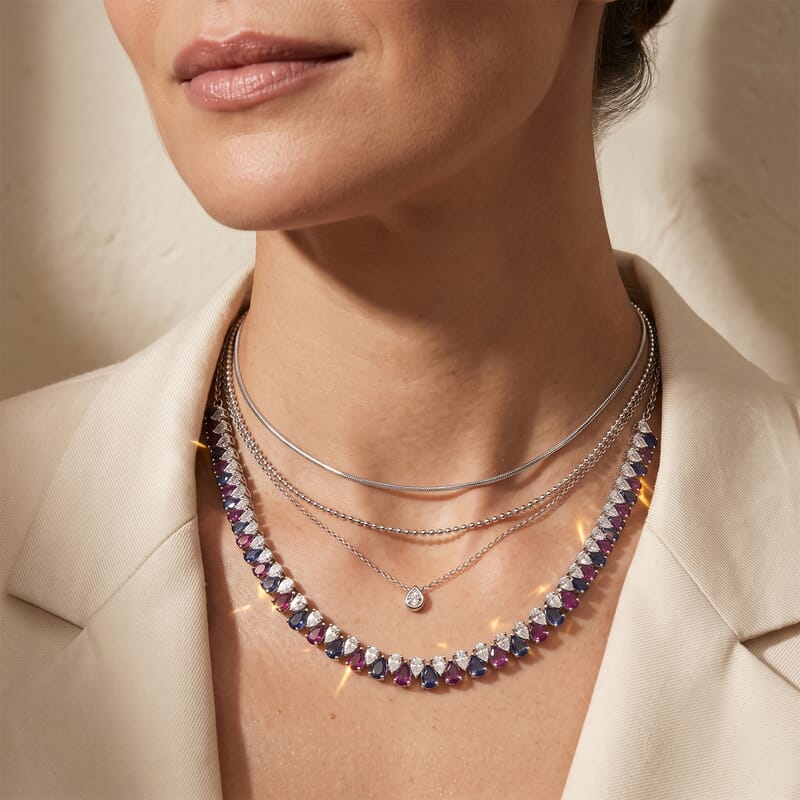 D'Joy Multi Gemstone 22.60 ctw Tricolor Riviere Necklace (18 Inches) in Rhodium Over Sterling Silver