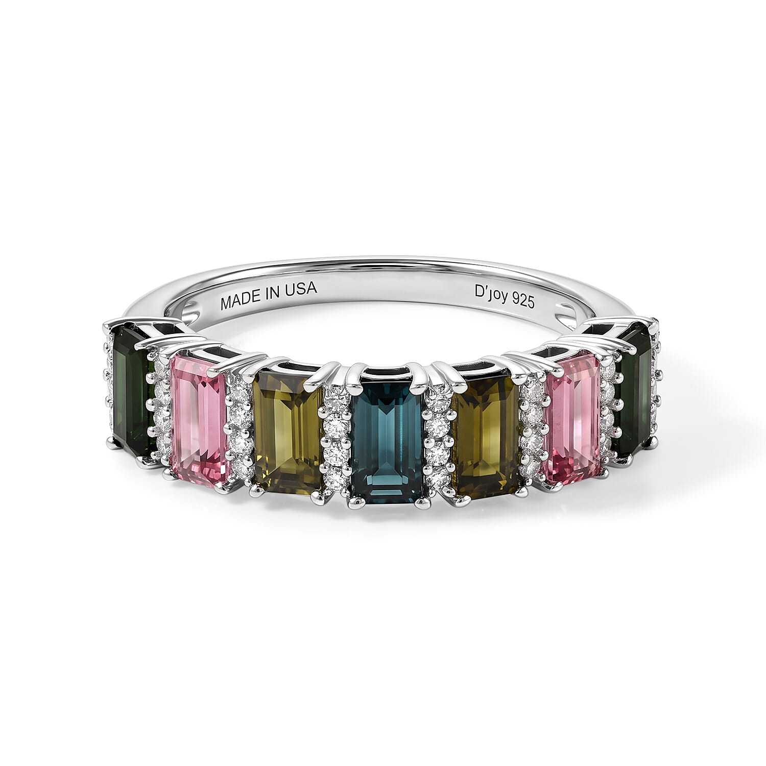 D'Joy AAA Multi-Tourmaline and Moissanite 1.85 ctw Rainbow Bar Ring in Rhodium Over Sterling Silver (Size 5.0)