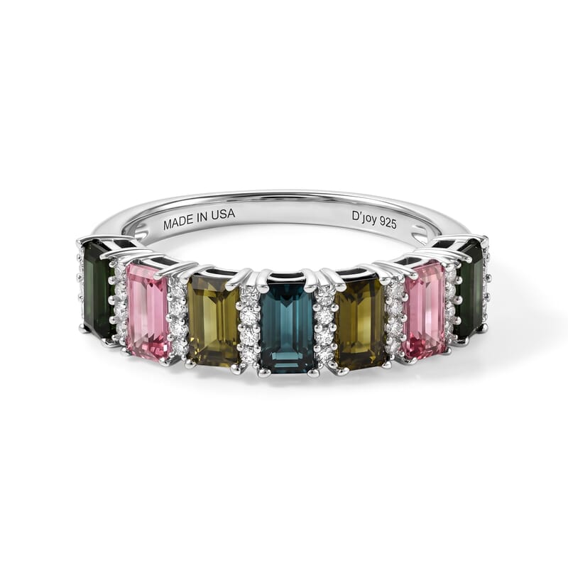 D'Joy AAA Multi-Tourmaline and Moissanite 1.85 ctw Rainbow Bar Ring in Rhodium Over Sterling Silver (Size 5.0)