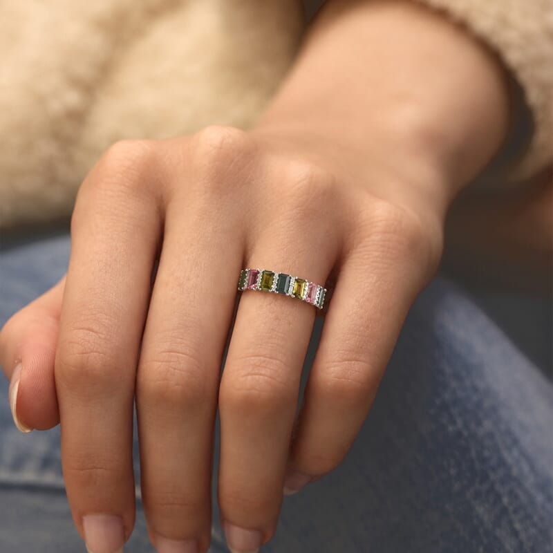 D'Joy AAA Multi-Tourmaline and Moissanite 1.85 ctw Rainbow Bar Ring in Rhodium Over Sterling Silver (Size 5.0)