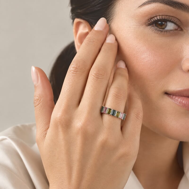 D'Joy AAA Multi-Tourmaline and Moissanite 1.85 ctw Rainbow Bar Ring in Rhodium Over Sterling Silver (Size 5.0)