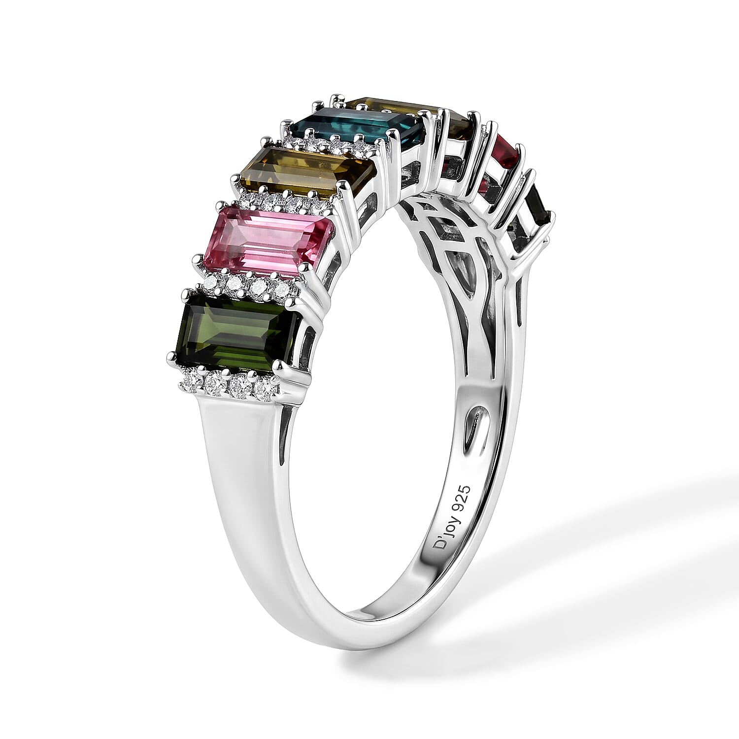 D'Joy AAA Multi-Tourmaline and Moissanite 1.85 ctw Rainbow Bar Ring in Rhodium Over Sterling Silver (Size 5.0)