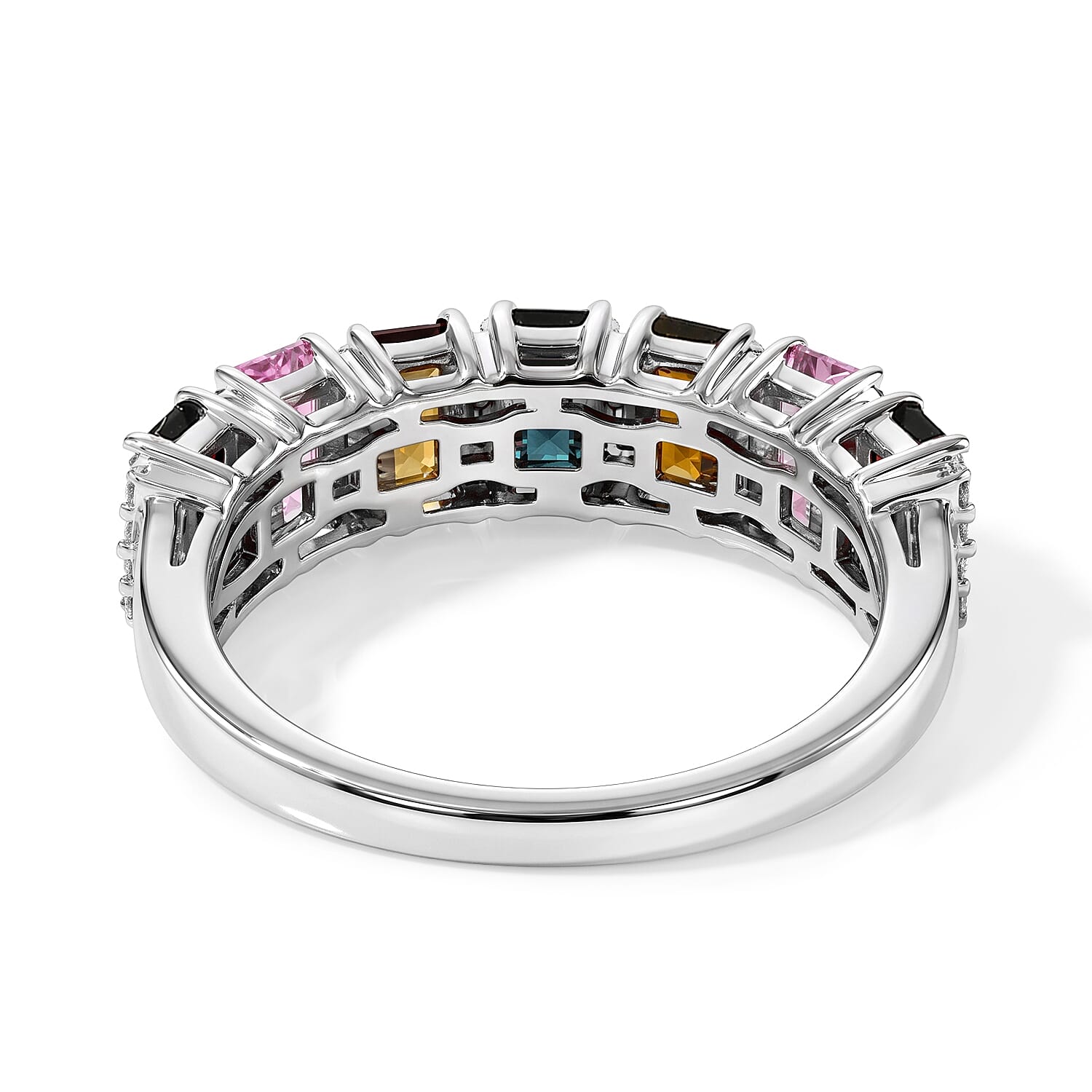 D'Joy AAA Multi-Tourmaline and Moissanite 1.85 ctw Rainbow Bar Ring in Rhodium Over Sterling Silver (Size 5.0)