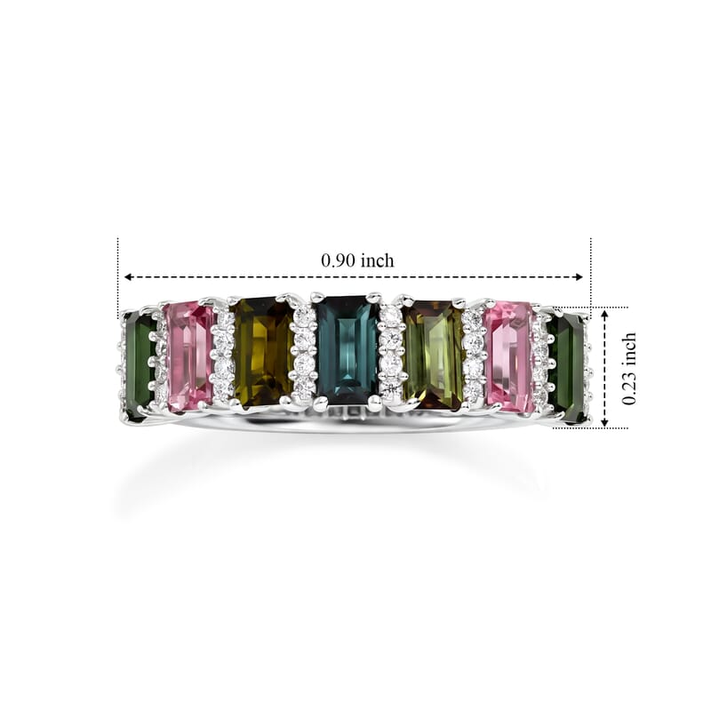 D'Joy AAA Multi-Tourmaline and Moissanite 1.85 ctw Rainbow Bar Ring in Rhodium Over Sterling Silver (Size 5.0)