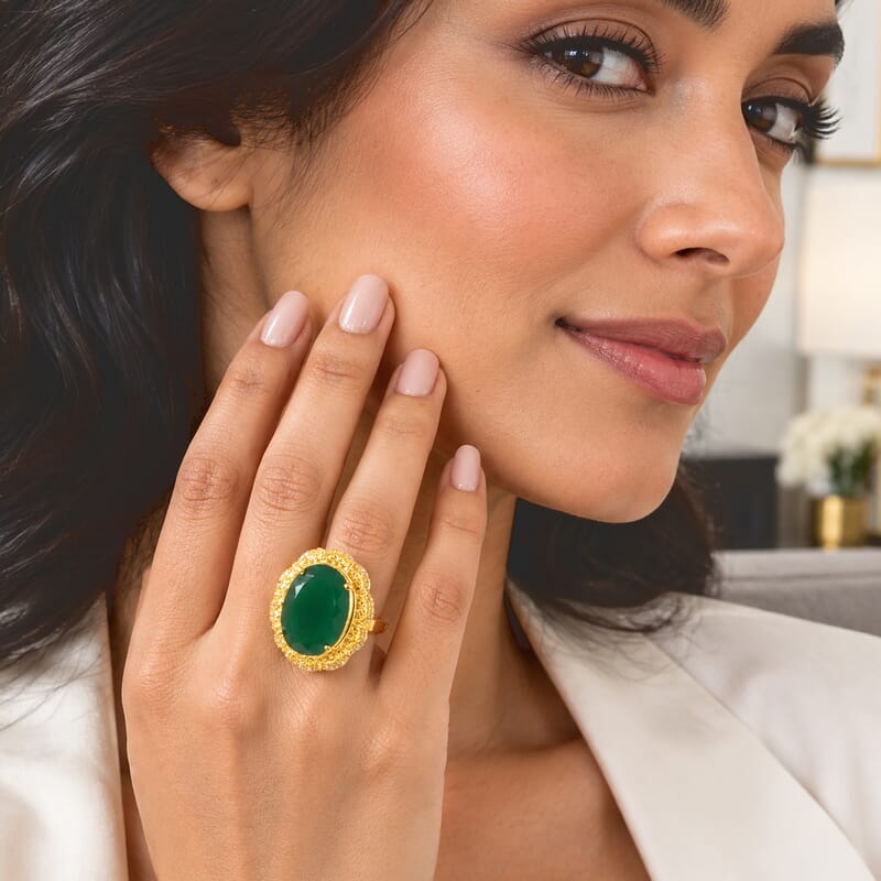 EverTrue Verde Onyx and White Zircon 14.80 ctw Verdant Bloom Ring in 18K YG Plated (Size 7.0)