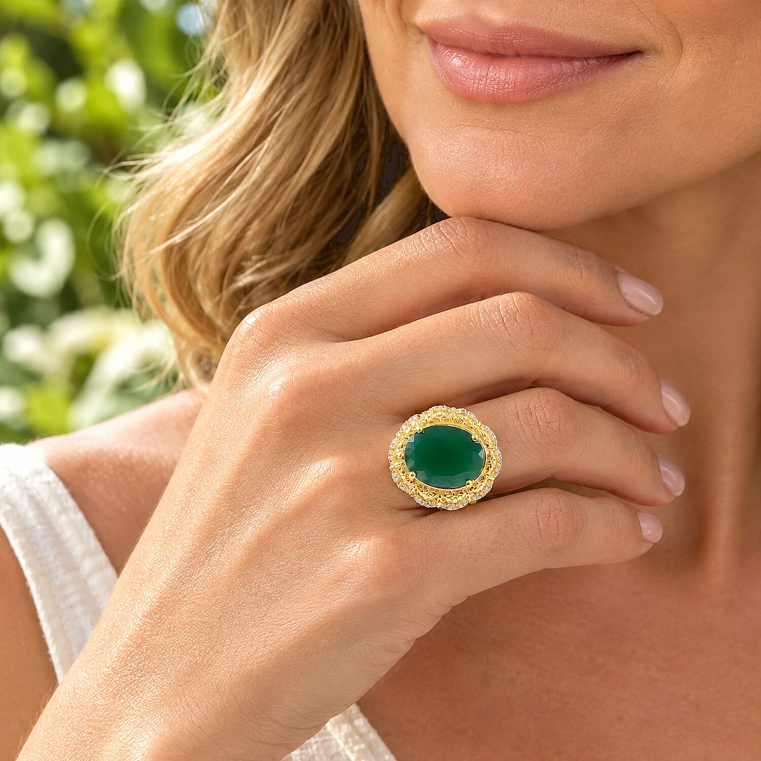 EverTrue Verde Onyx and White Zircon 14.80 ctw Verdant Bloom Ring in 18K YG Plated (Size 7.0)
