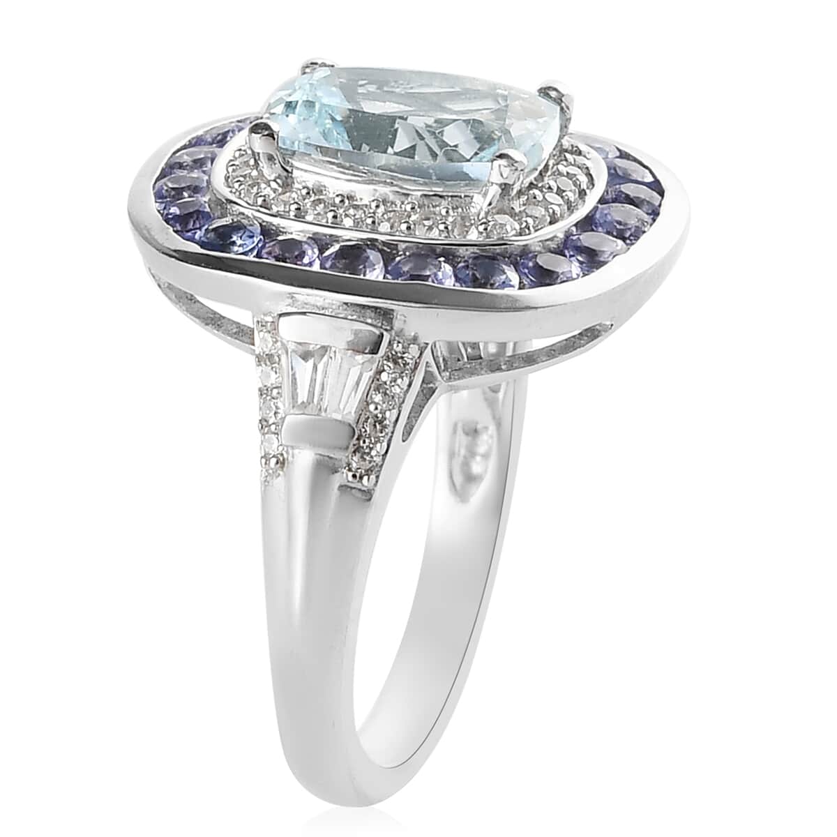 Espirito Santo Aquamarine and Multi Gemstone Double Halo Ring in Platinum Over Sterling Silver (Size 7.0) 3.25 ctw image number 3