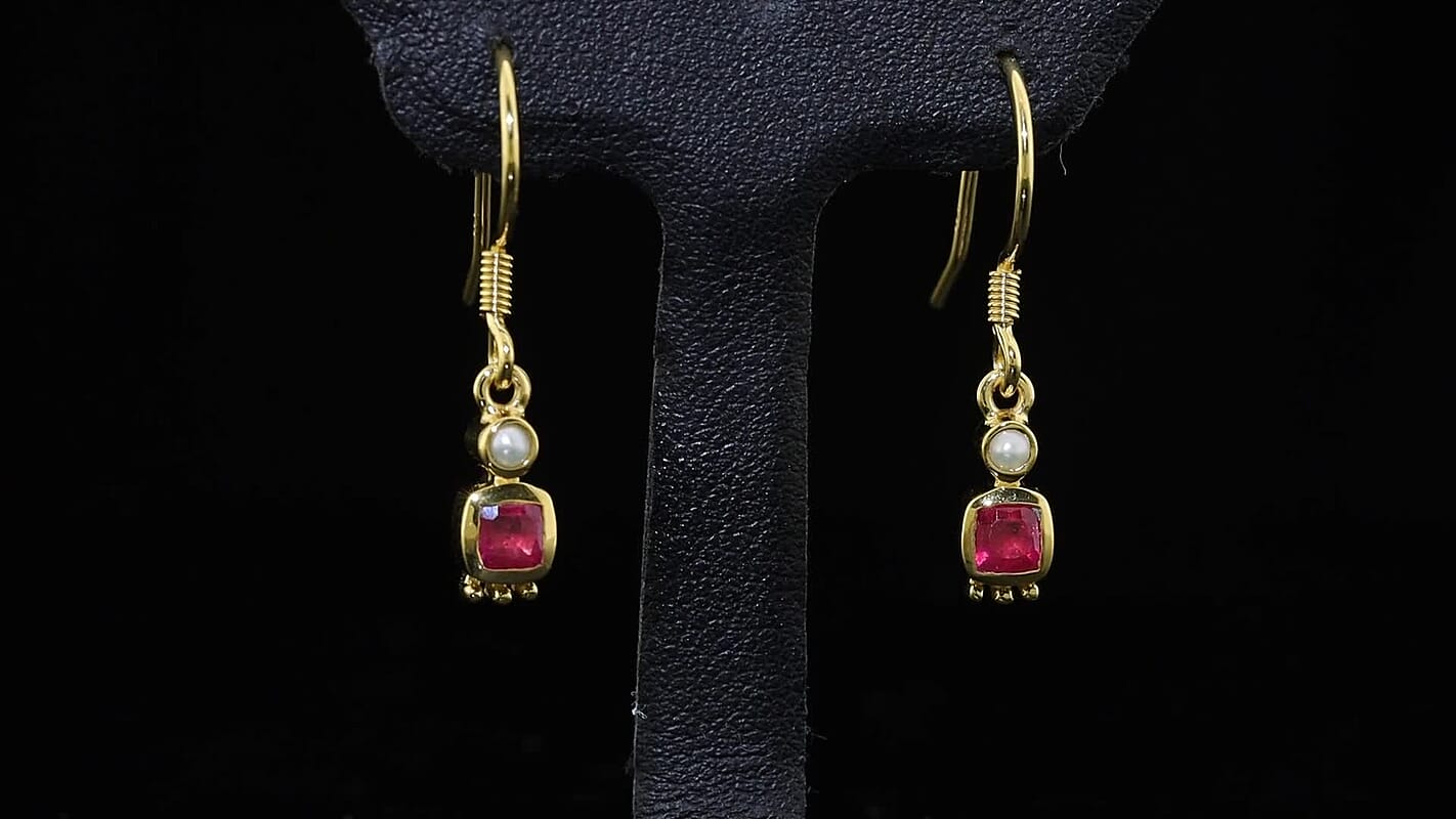 Rachel Roy Niassa Ruby (FF) and Fresh Water Pearl 1.00 ctw Earrings in 18K Vermeil Yellow Gold Over Sterling Silver