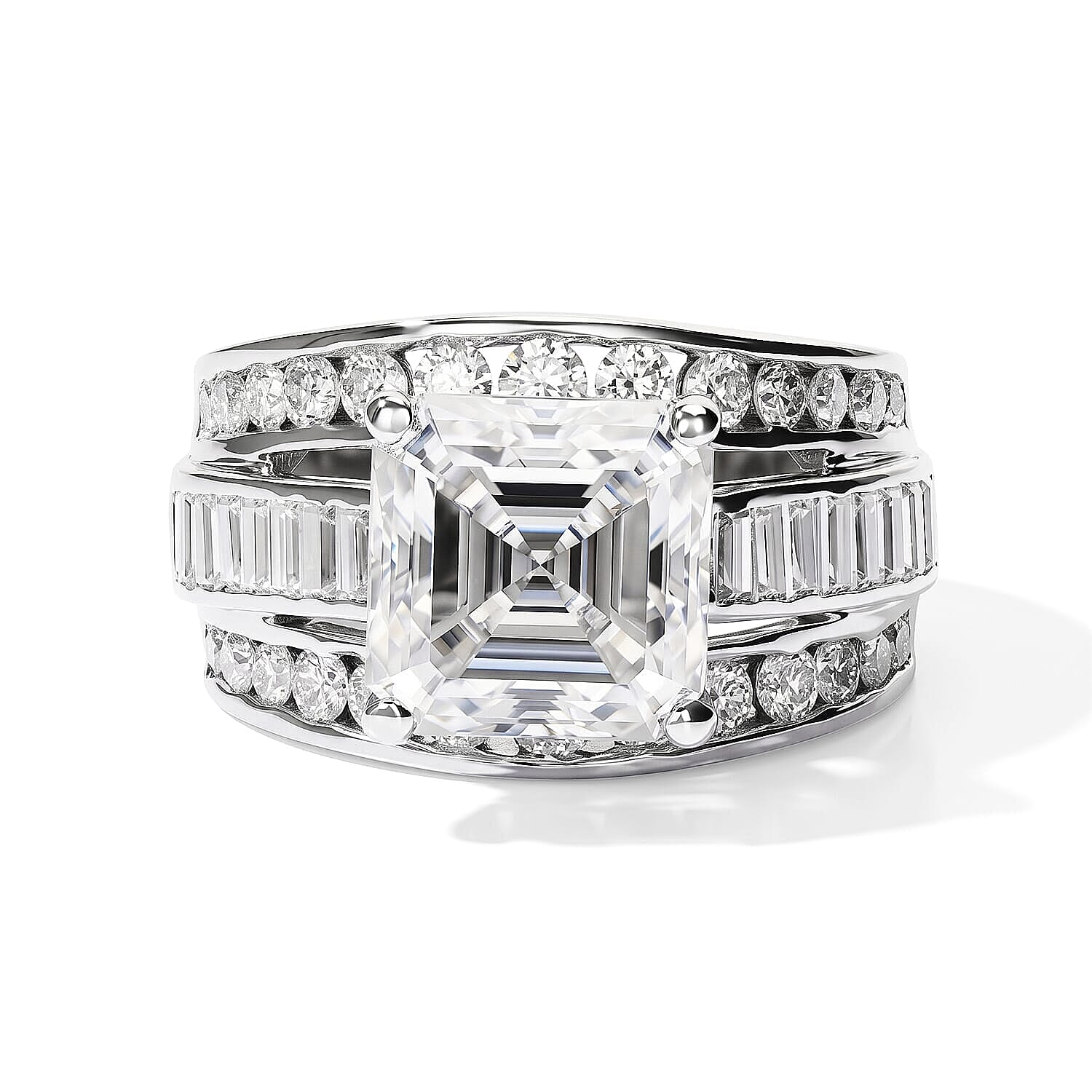 TLV D''Joy Moissanite (Rnd 11mm) Ring in Rhodium Over Sterling Silver (Size 10.0) 6.65 ctw