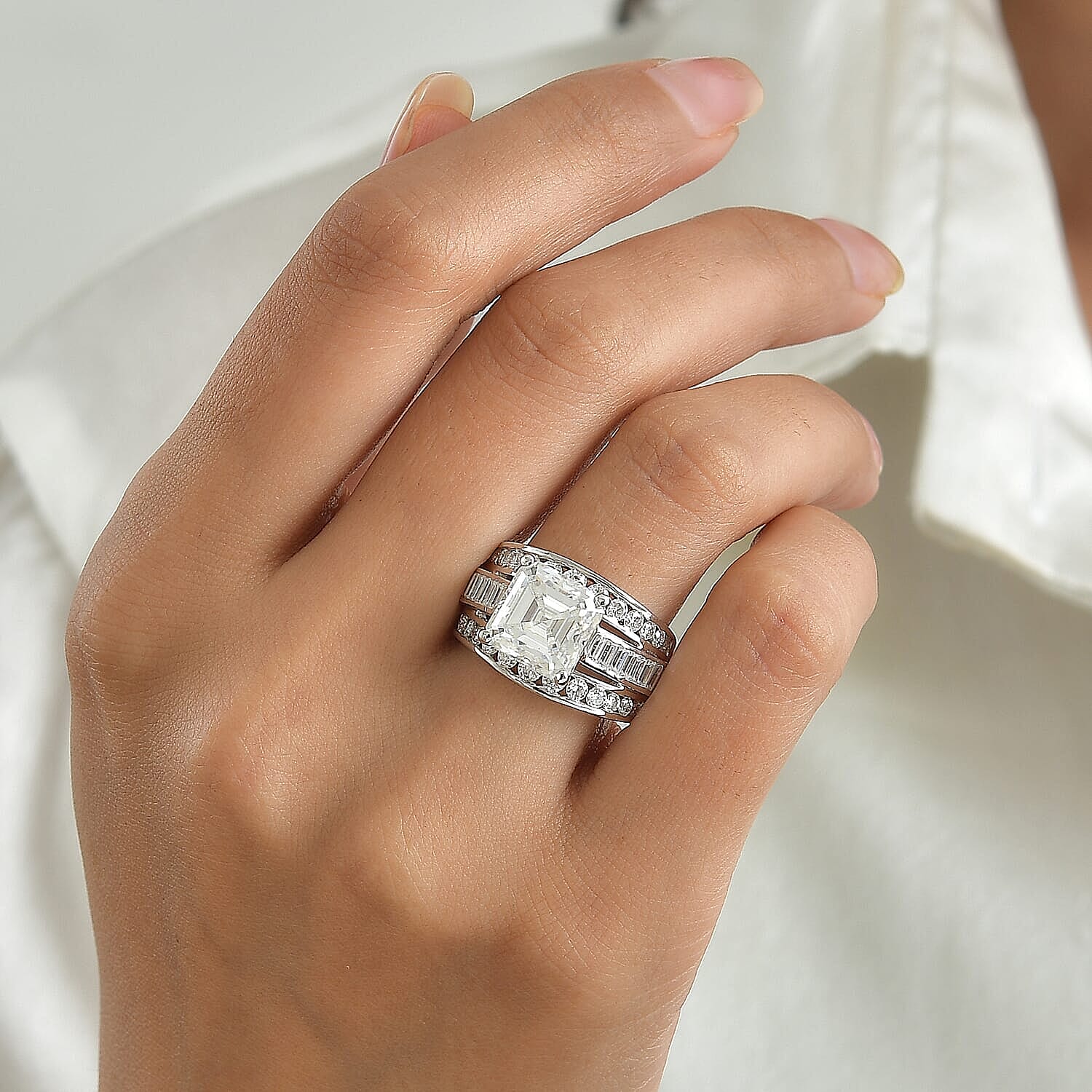 D'Joy Moissanite 7.20 ctw Ring in Rhodium Over Sterling Silver (Size 10.0)