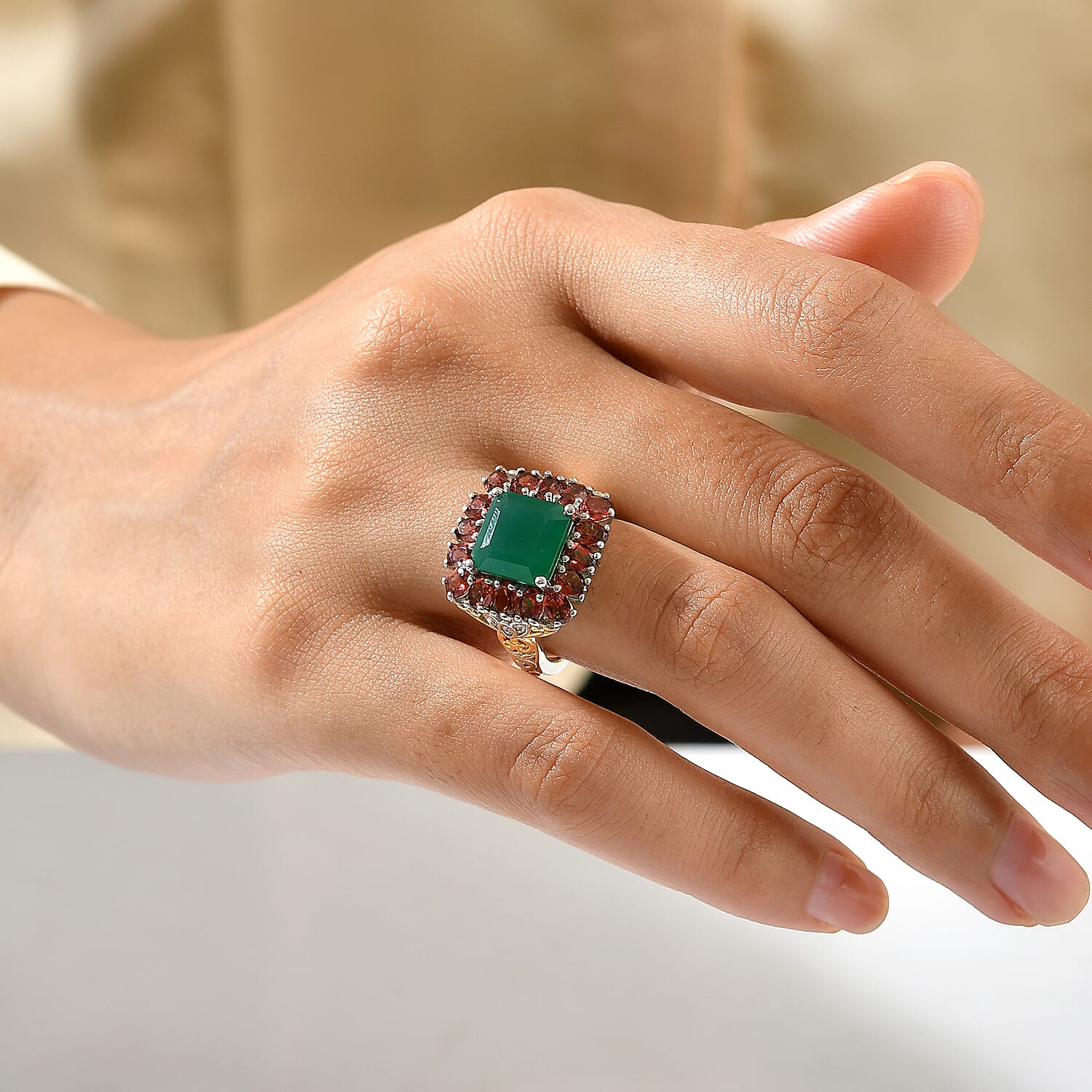 EverTrue Verde Onyx, Multi Gemstone Ring in 18K YG Plated and Platinum Bond (Size 5.0) 7.85 ctw