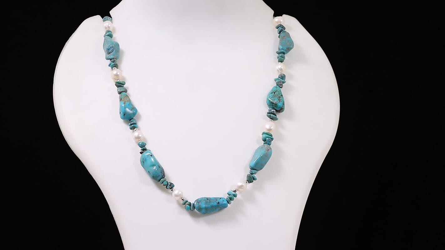 D''Joy Royal Hubei Turquoise 290.00 ctw and Freshwater Pearl Necklace in Rhodium Over Sterling Silver 20 Inches