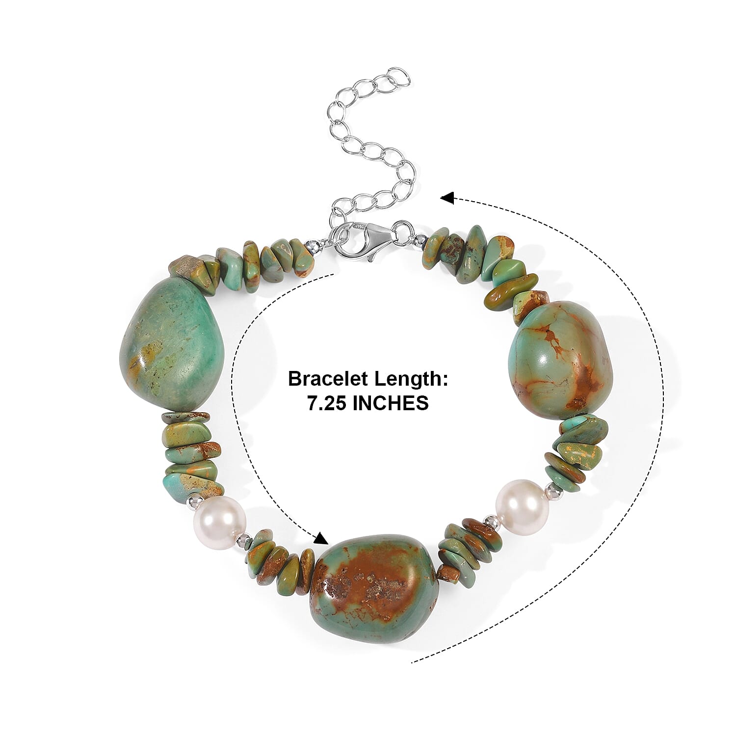 D'Joy Royal Hubei Turquoise 85.00 ctw and Freshwater Pearl Bracelet in Rhodium Over Sterling Silver (7.25 In)