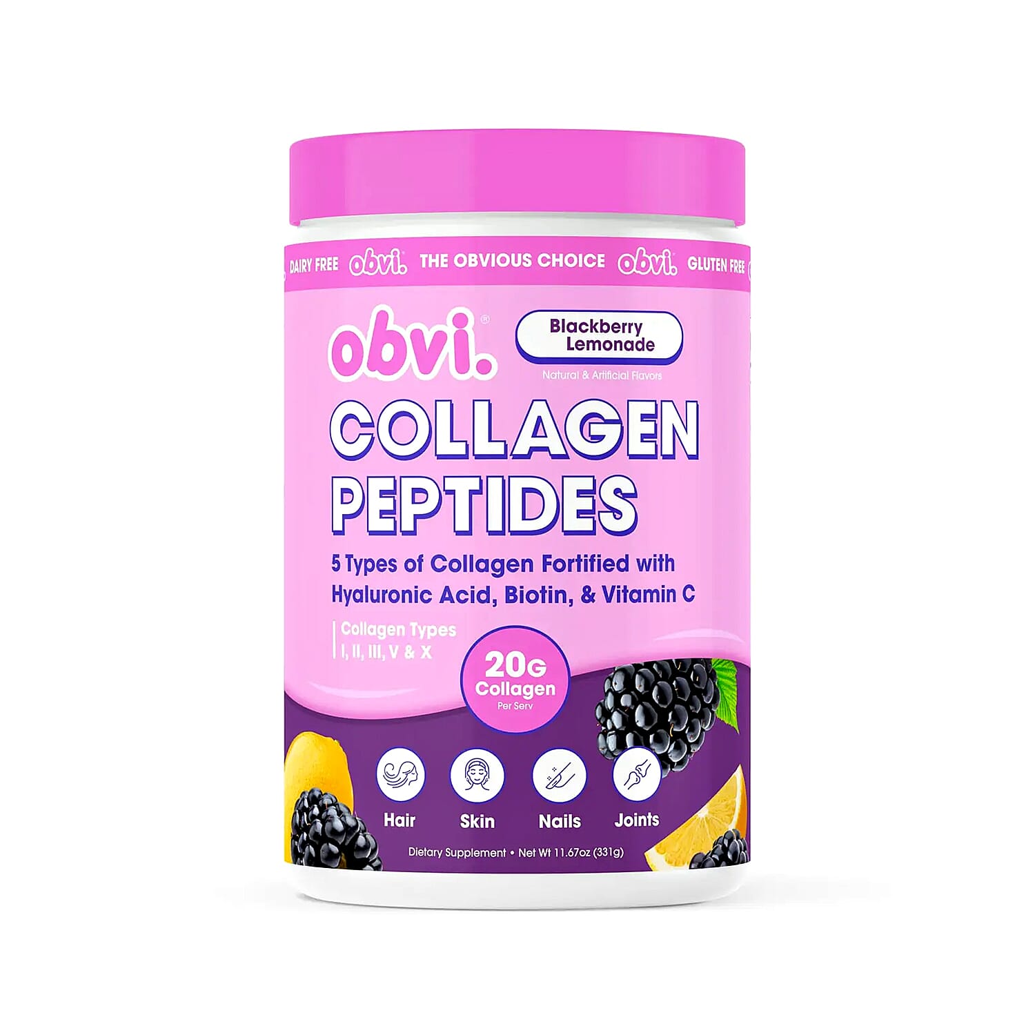 Obvi Collagen Peptides Dietary Supplement for Hair, Skin, Nails, & Joints (11.67oz) Blackberry Lemonade