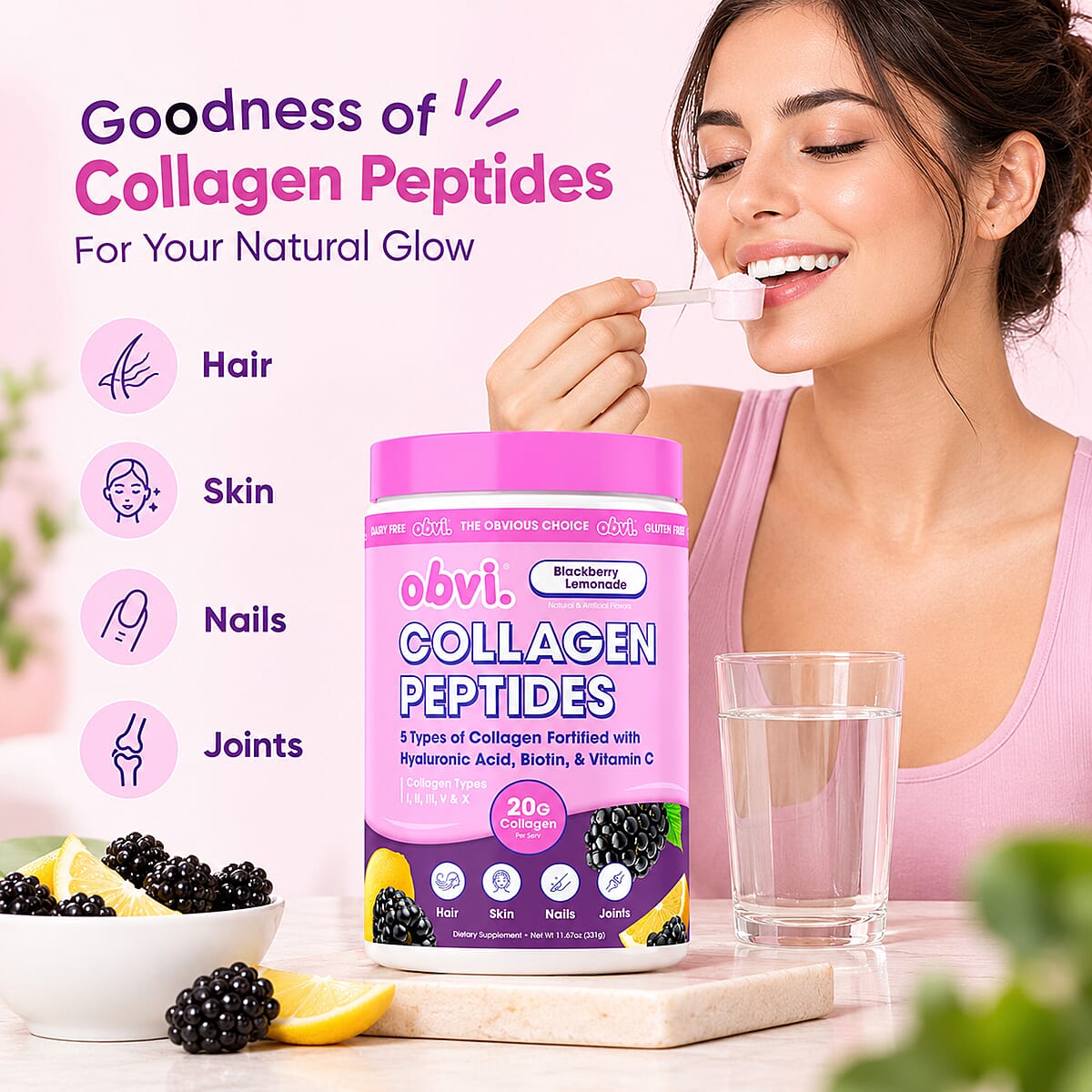 Obvi Collagen Peptides Dietary Supplement for Hair, Skin, Nails, & Joints (11.67oz) Blackberry Lemonade