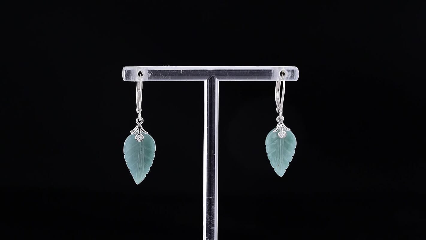 D''Joy Natural Olmec Jadeite, Moissanite Carved Leaf Earrings in Rhodium Over Sterling Silver 10.10 ctw
