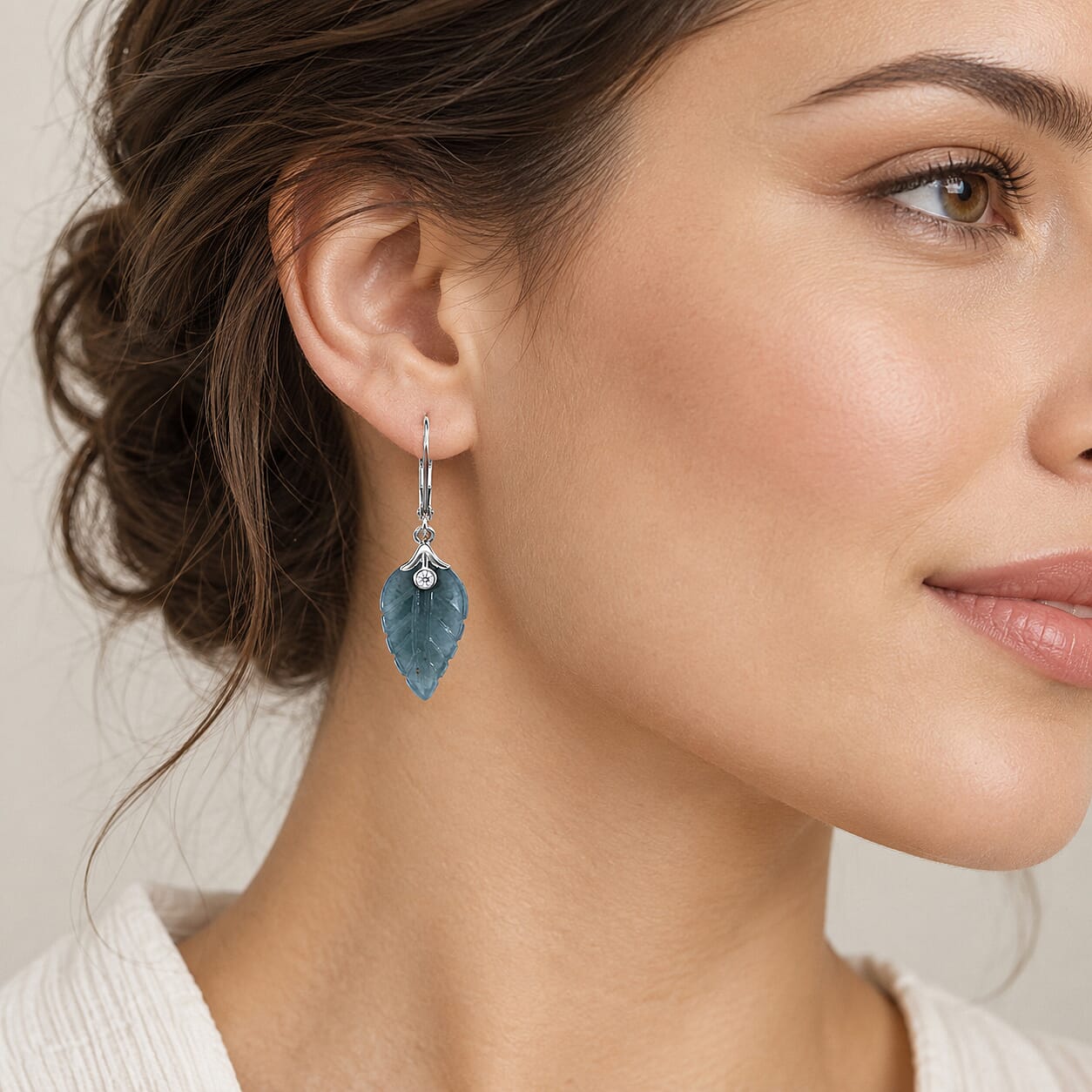 D'Joy Natural Olmec Jadeite and Moissanite 10.10 ctw Carved Leaf Earrings in Rhodium Over Sterling Silver