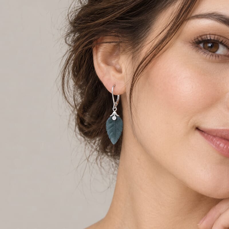 D'Joy Natural Olmec Jadeite and Moissanite 10.10 ctw Carved Leaf Earrings in Rhodium Over Sterling Silver