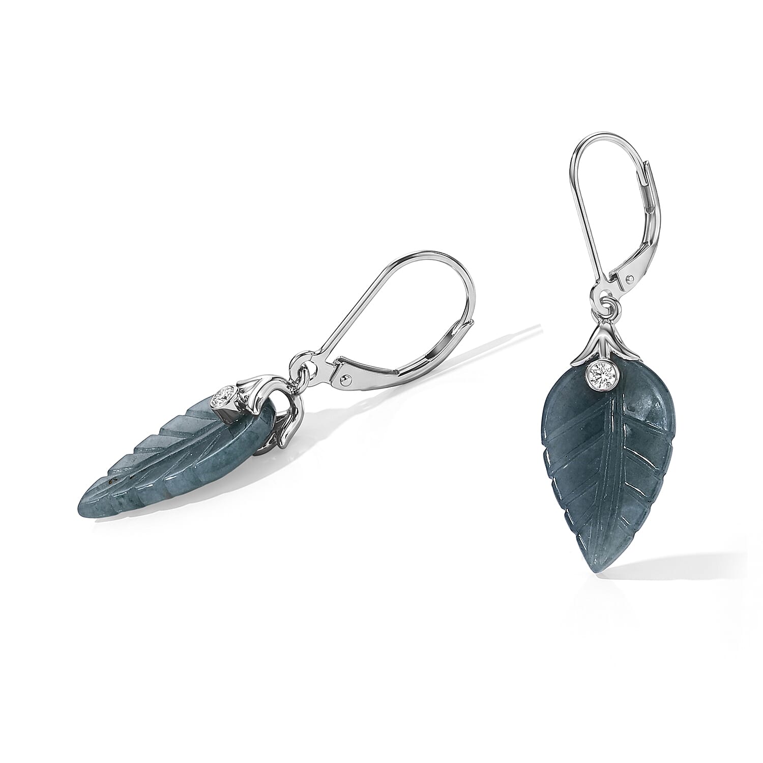 D'Joy Natural Olmec Jadeite and Moissanite 10.10 ctw Carved Leaf Earrings in Rhodium Over Sterling Silver