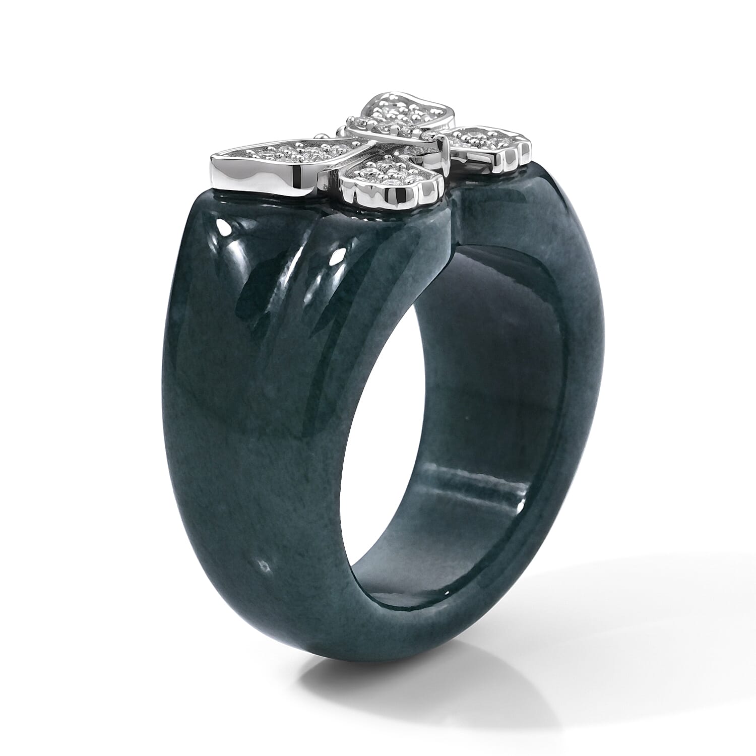 D'Joy Natural Olmec Jadeite and Moissanite 39.20 ctw Butterfly Ring in Rhodium Over Sterling Silver (Size 6.0)