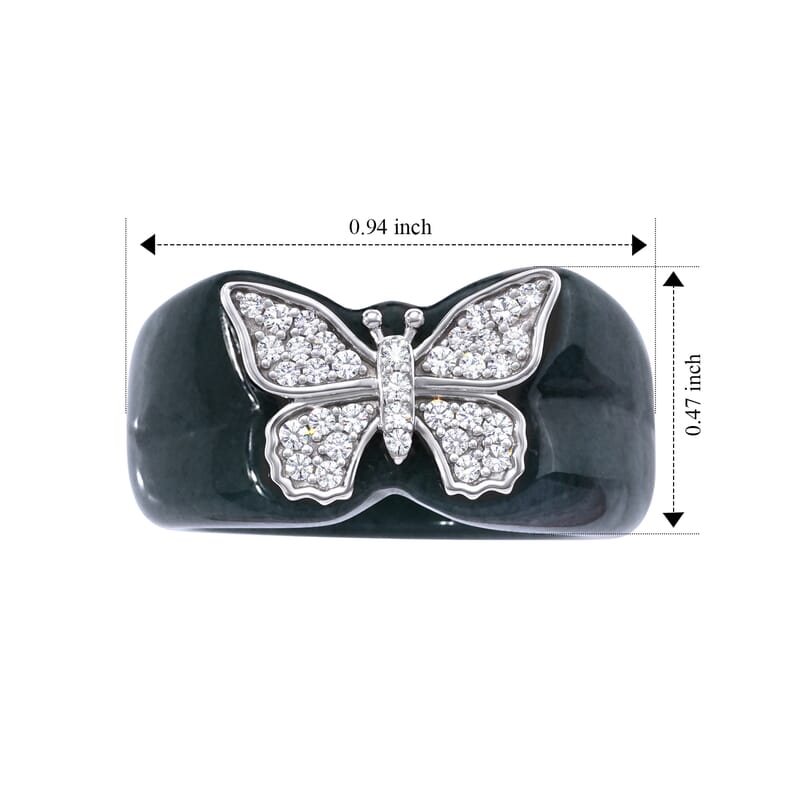 D'Joy Natural Olmec Jadeite and Moissanite 39.20 ctw Butterfly Ring in Rhodium Over Sterling Silver (Size 6.0)