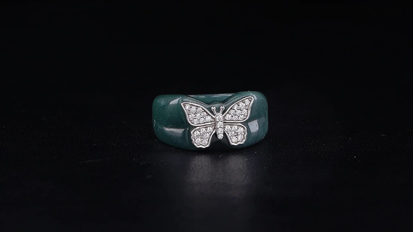 D''Joy Natural Olmec Jadeite and Moissanite 39.20 ctw Butterfly Ring in Rhodium Over Sterling Silver (Size 7.0)