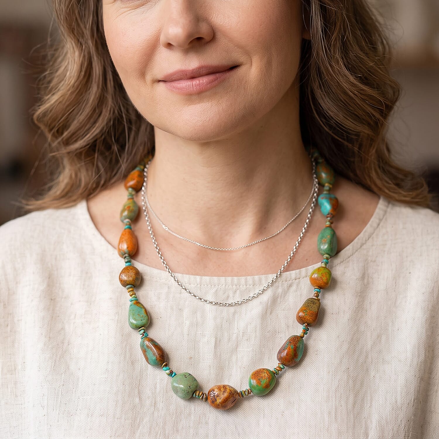 D'Joy Royal Hubei Turquoise 480.00 ctw Necklace (24 Inches) in Rhodium Over Sterling Silver
