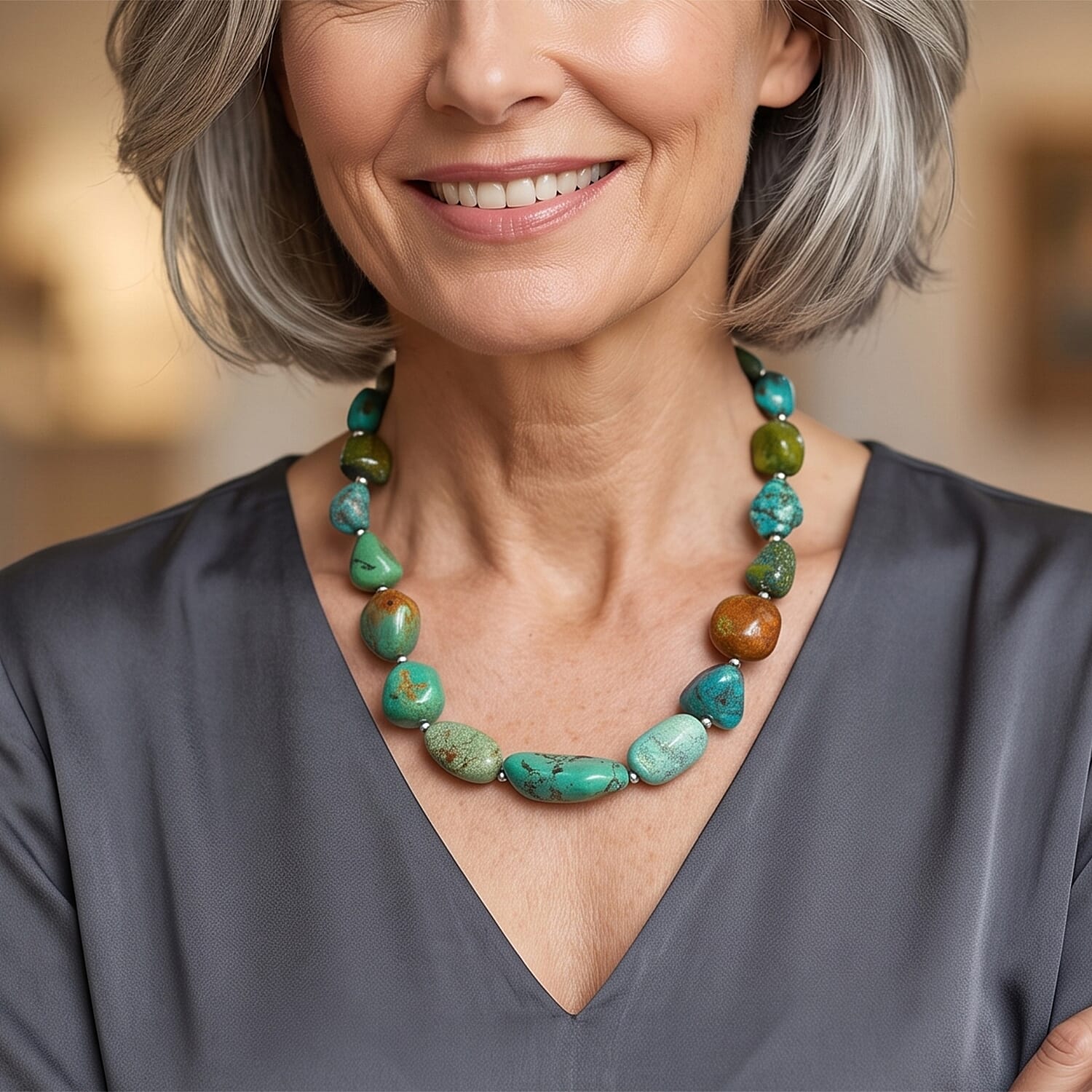 D'Joy Royal Hubei Turquoise 310.00 ctw Necklace (22 Inches) in Rhodium Over Sterling Silver