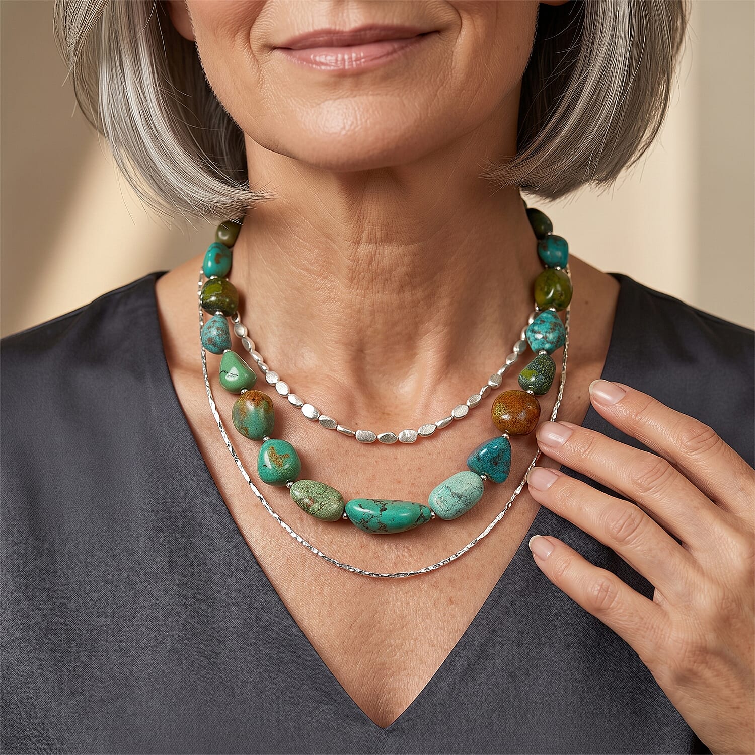 D'Joy Royal Hubei Turquoise 310.00 ctw Necklace (22 Inches) in Rhodium Over Sterling Silver