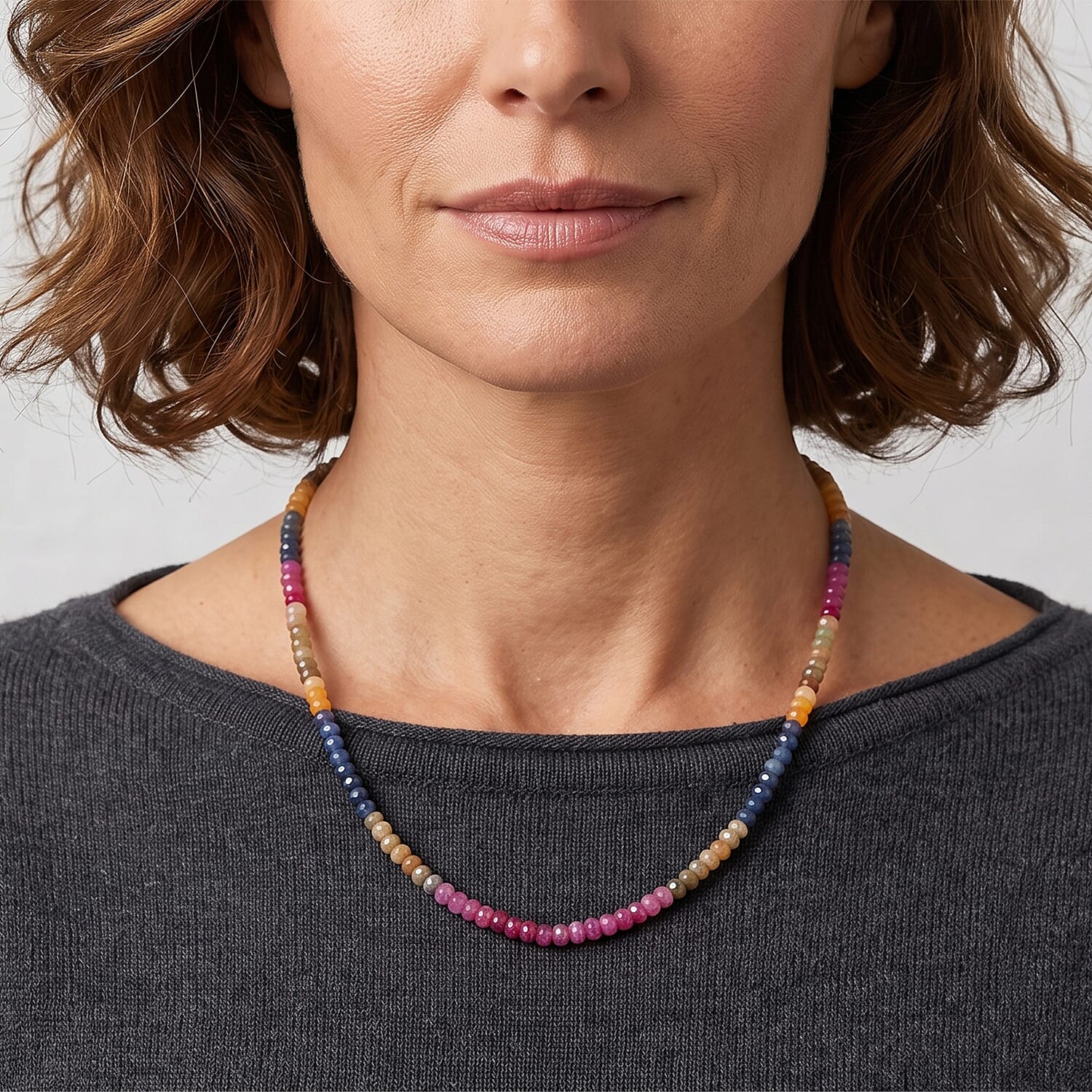 D'Joy Premium Natural Multi Sapphire 133.00 ctw Beaded Necklace in Rhodium Over Sterling Silver 18 Inches