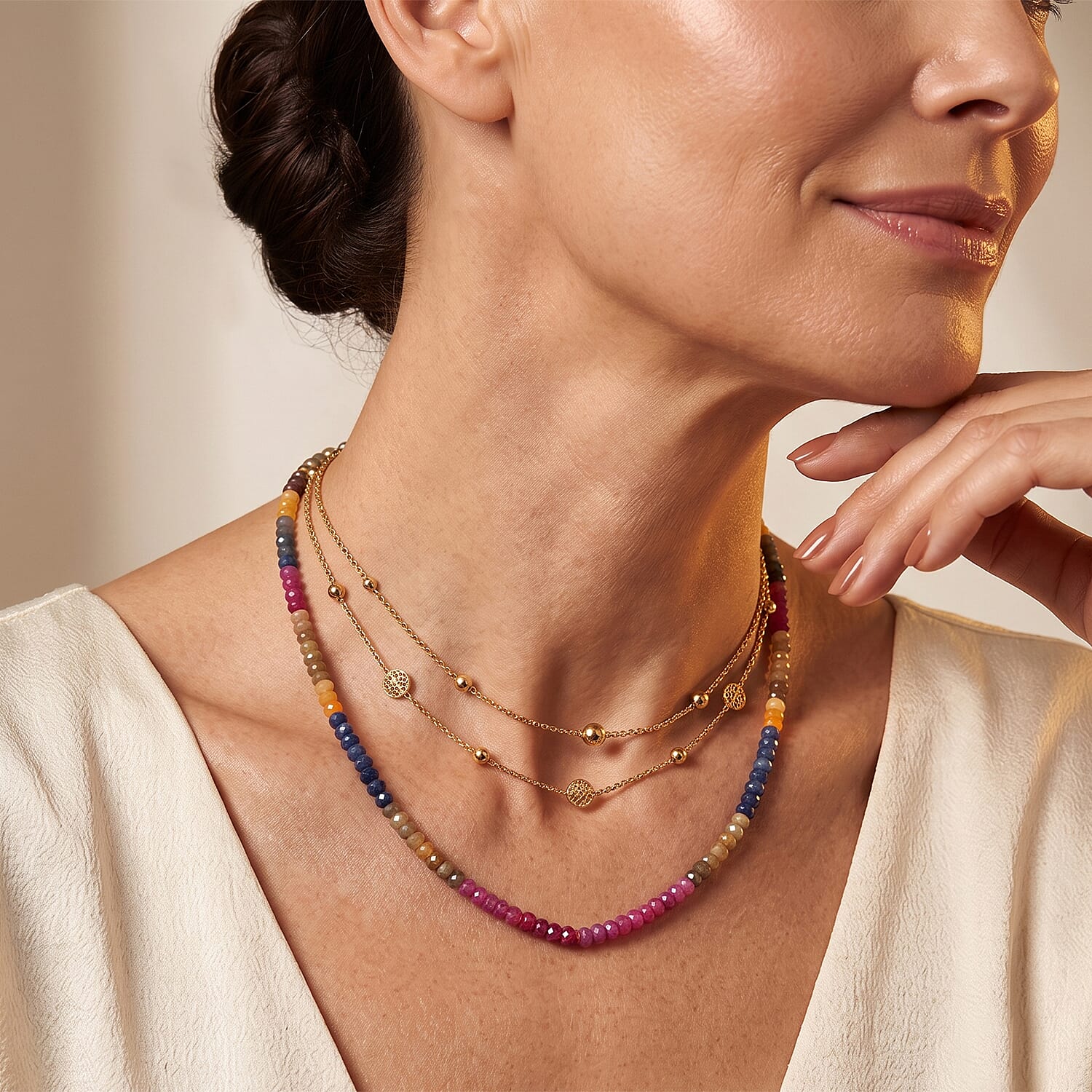 D'Joy Premium Natural Multi Sapphire 133.00 ctw Beaded Necklace in Rhodium Over Sterling Silver 18 Inches