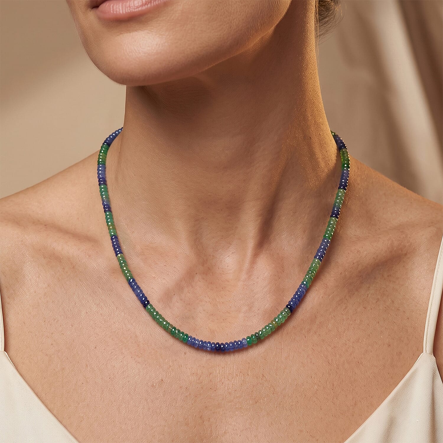 D'Joy Premium Green and Kashmir Blue Kyanite 55.00 ctw Beaded Necklace in Rhodium Over Sterling Silver 18 Inches