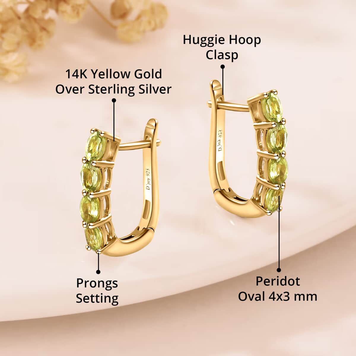 Peridot 1.50 ctw Huggie Hoop Earrings in 14K Yellow Gold Over Sterling Silver image number 4