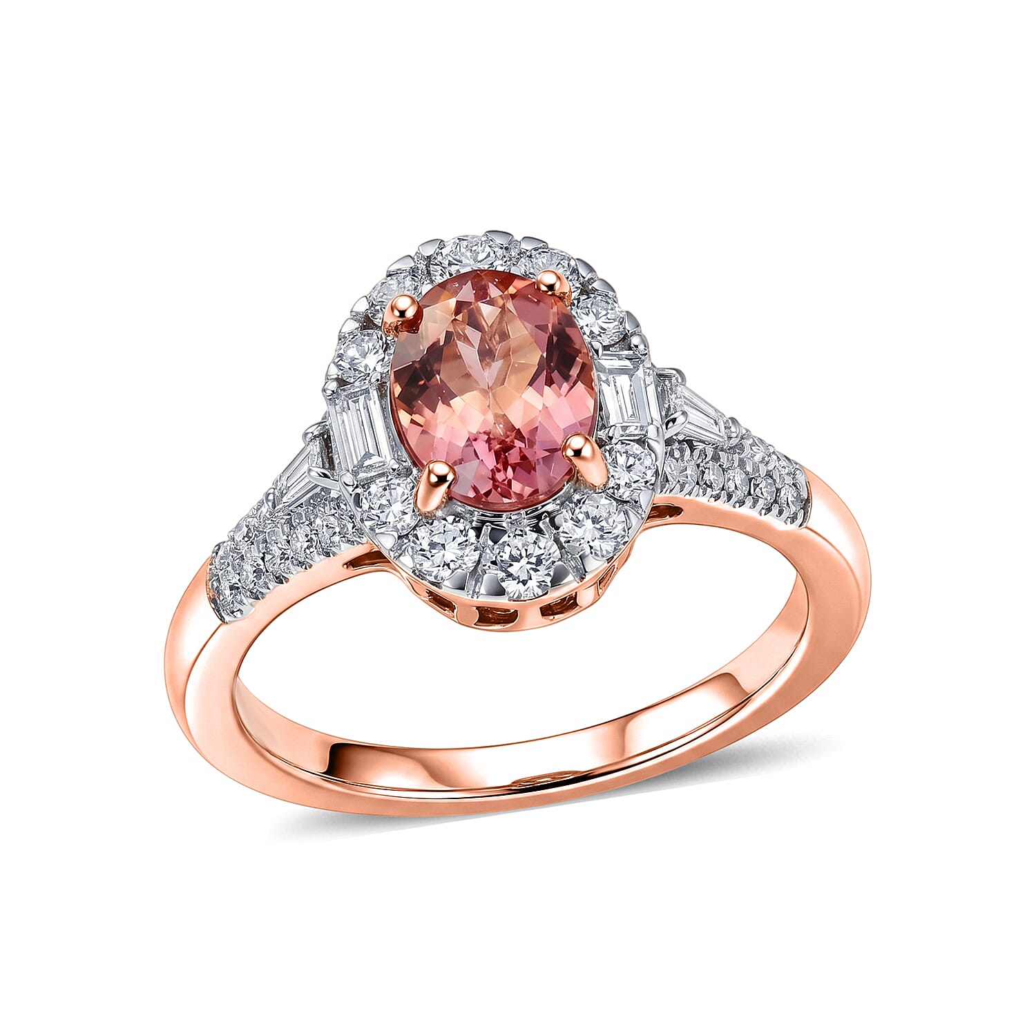 Certified and Appraised AAA Padparadscha Tourmaline and Luxuriant Lab Grown Diamond G-H SI 2.00 ctw Ring in 10K Rose Gold (Size 5.0)