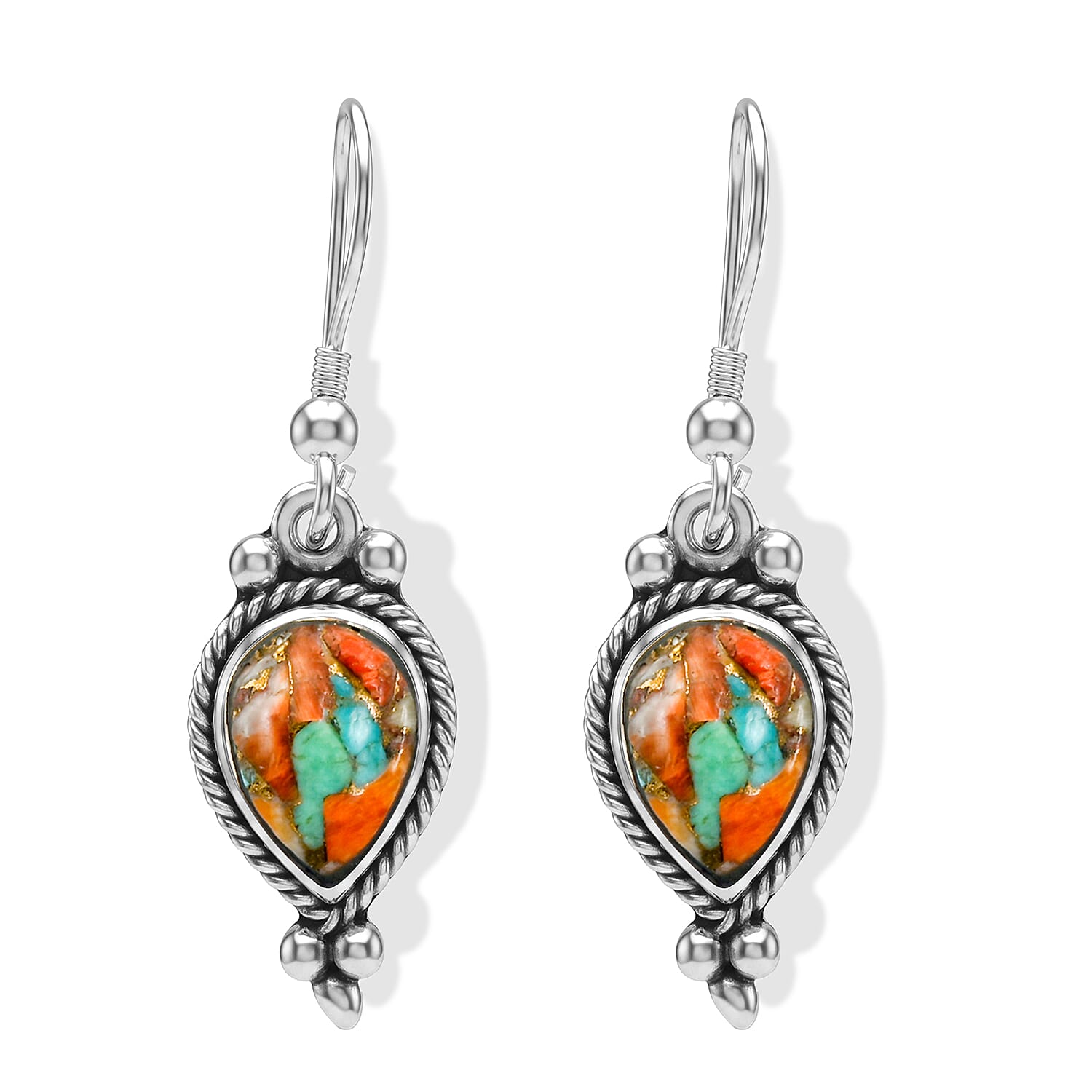Santa Fe Style Spiny Turquoise 1.00 ctw Drop Earrings in Sterling Silver