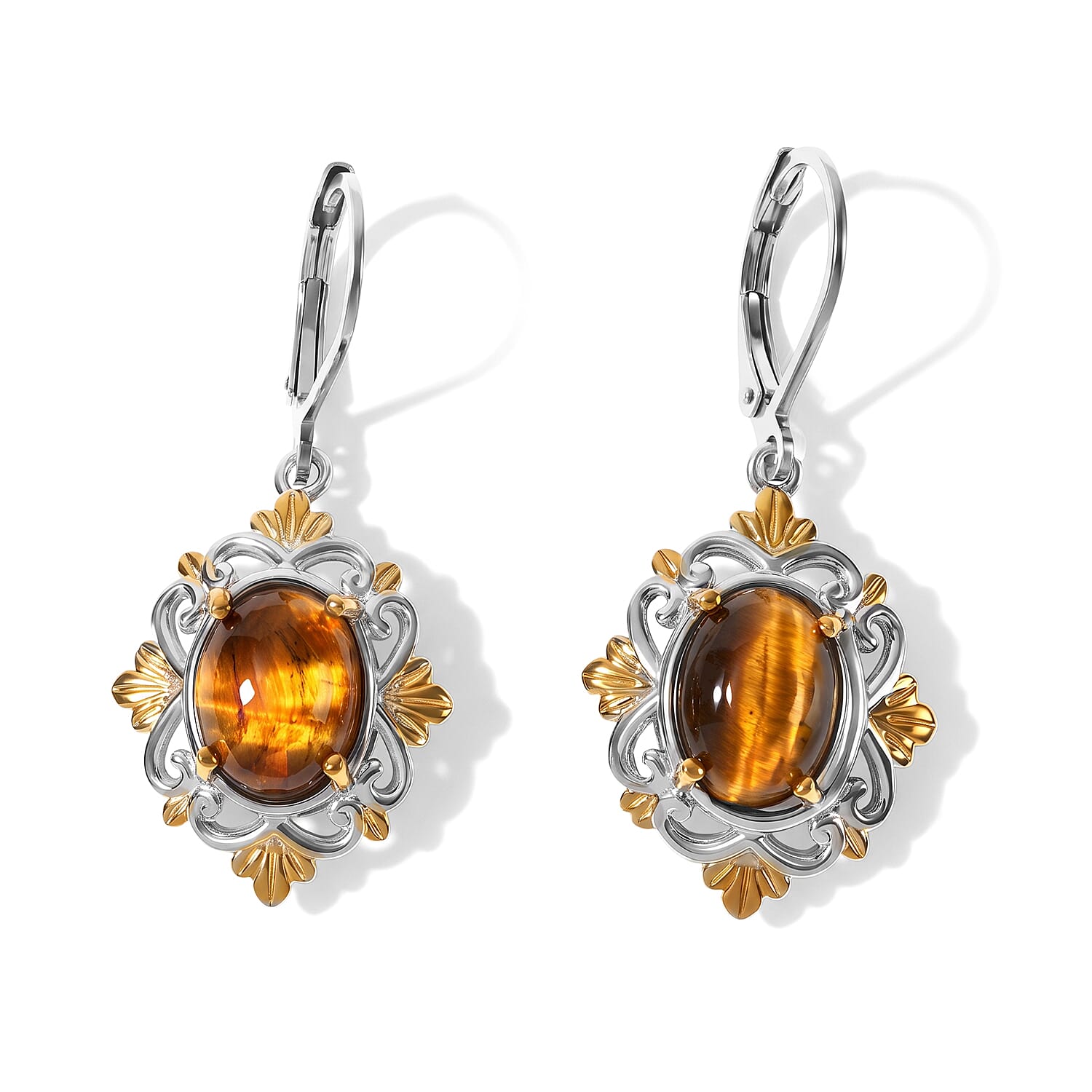 EverTrue Tigers Eye Lever Back Earrings in 18K YG Plated and Platinum Bond (Ships in 10-12 Days) 6.50 ctw