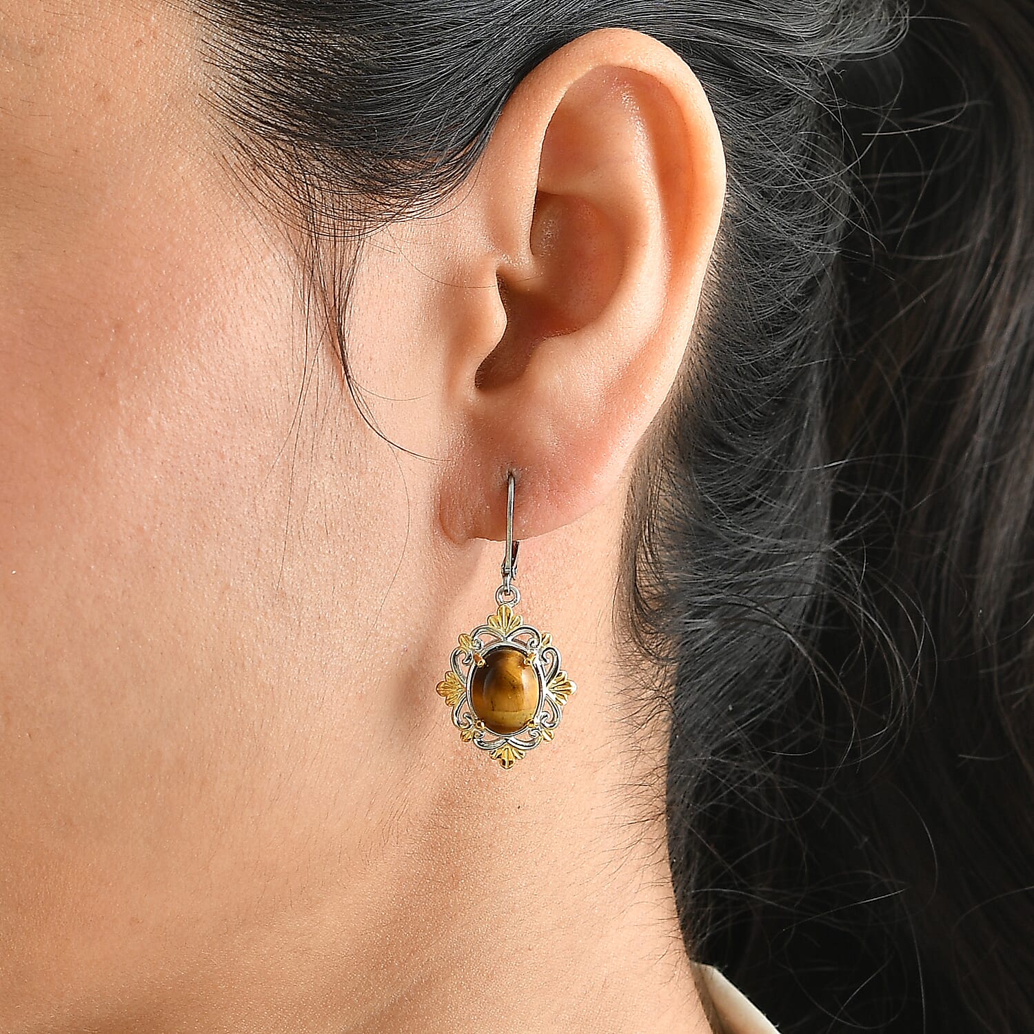 EverTrue Tigers Eye 6.50 ctw Golden Filigree Lever Back Earrings in 18K YG Plated and Platinum Bond