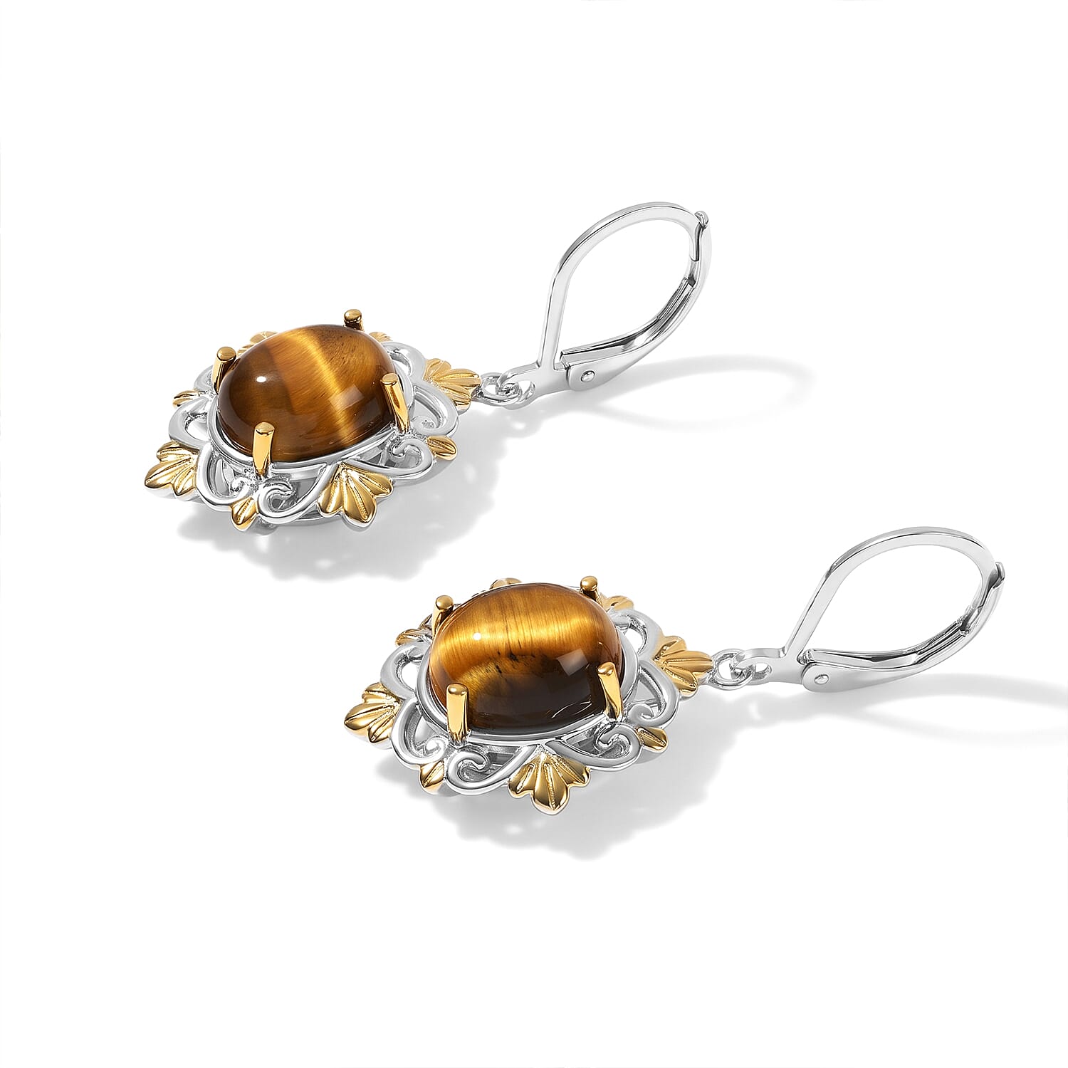 EverTrue Tigers Eye 6.50 ctw Golden Filigree Lever Back Earrings in 18K YG Plated and Platinum Bond