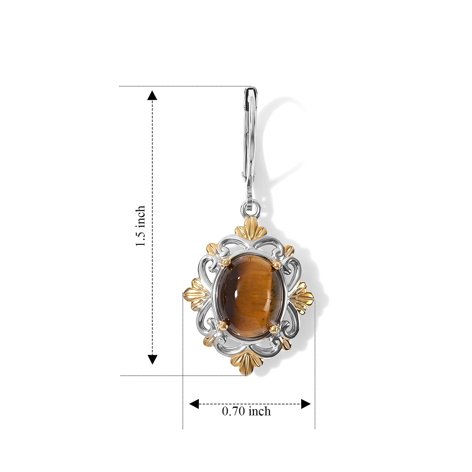 EverTrue Tigers Eye 6.50 ctw Golden Filigree Lever Back Earrings in 18K YG Plated and Platinum Bond