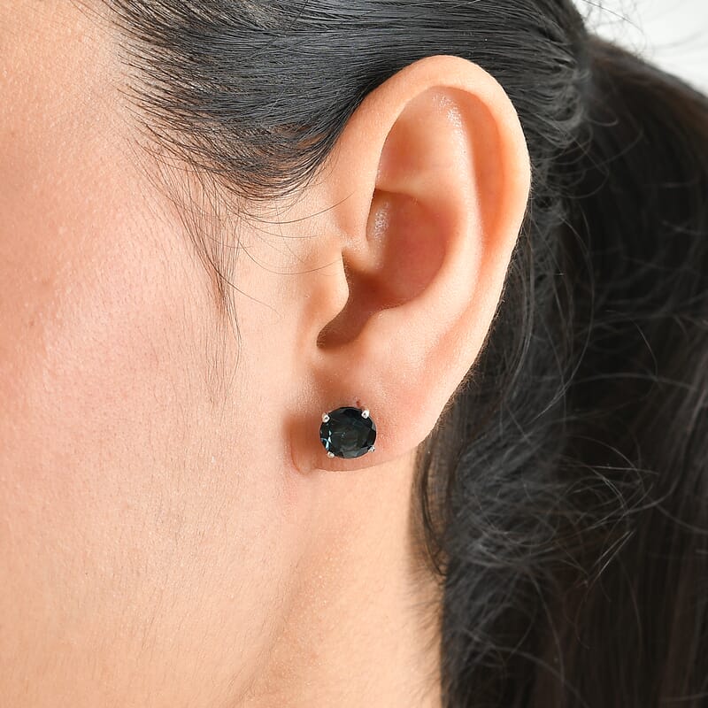 D'Joy London Blue Topaz 4.40 ctw Solitaire Stud Flat Back Earrings in Rhodium Over Sterling Silver