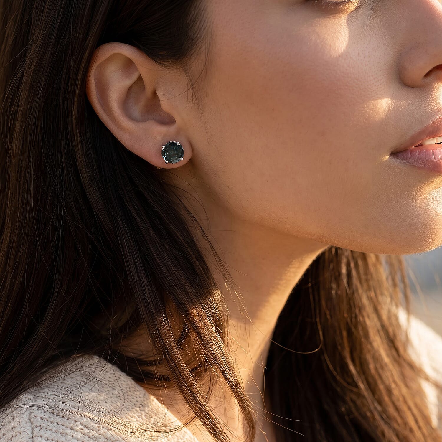 D'Joy London Blue Topaz 4.40 ctw Solitaire Stud Flat Back Earrings in Rhodium Over Sterling Silver