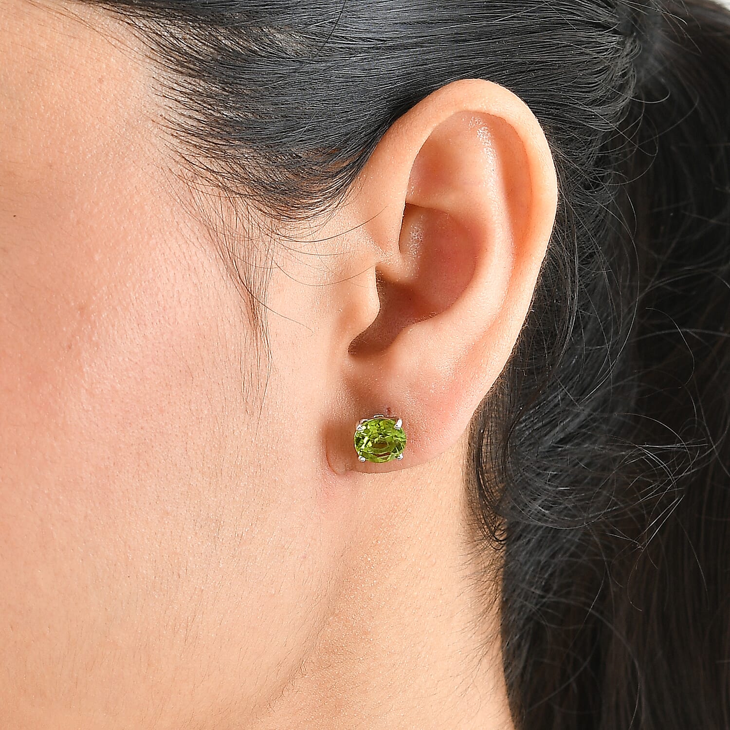 D'Joy Hebei Peridot 3.80 ctw Solitaire Stud Flat Back Earrings in Rhodium Over Sterling Silver