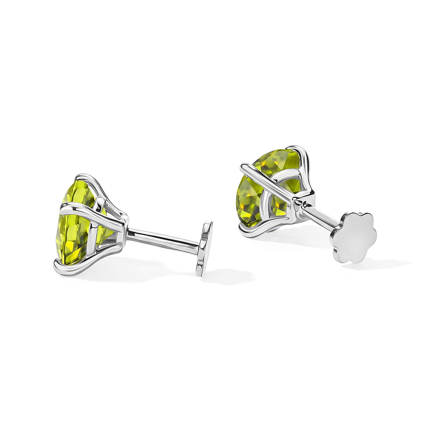 D'Joy Hebei Peridot 3.80 ctw Solitaire Stud Flat Back Earrings in Rhodium Over Sterling Silver