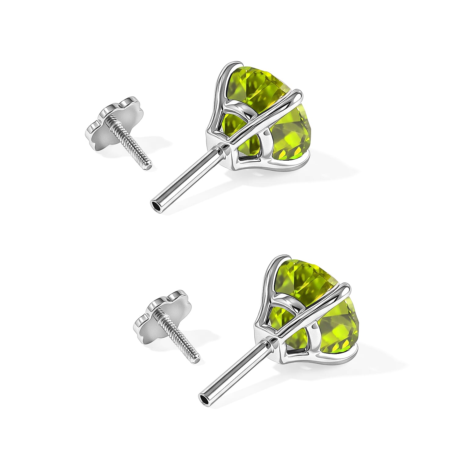 D'Joy Hebei Peridot 3.80 ctw Solitaire Stud Flat Back Earrings in Rhodium Over Sterling Silver