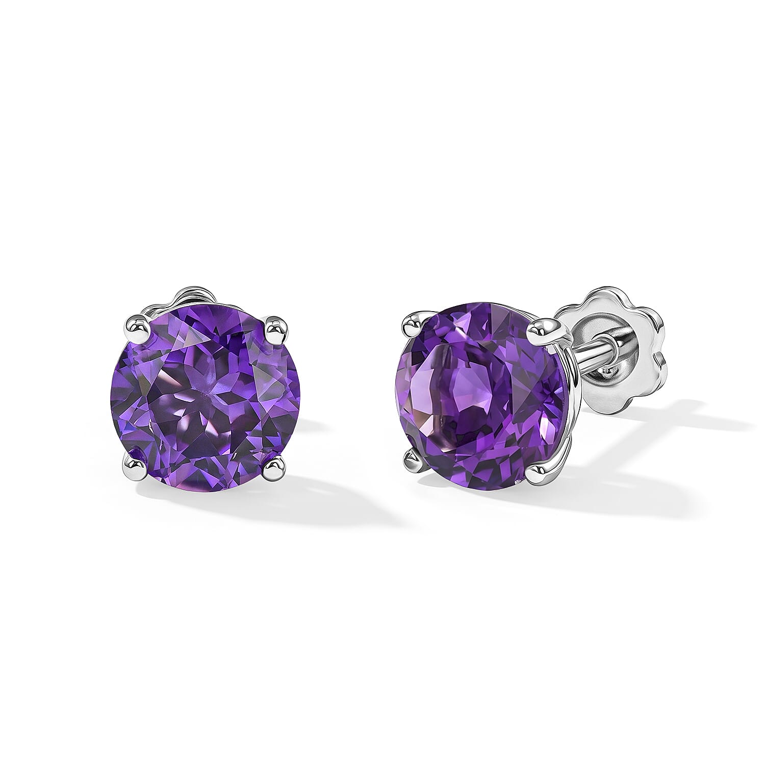 D'Joy Lusaka Amethyst 3.75 ctw Solitaire Stud Flat Back Earrings in Rhodium Over Sterling Silver