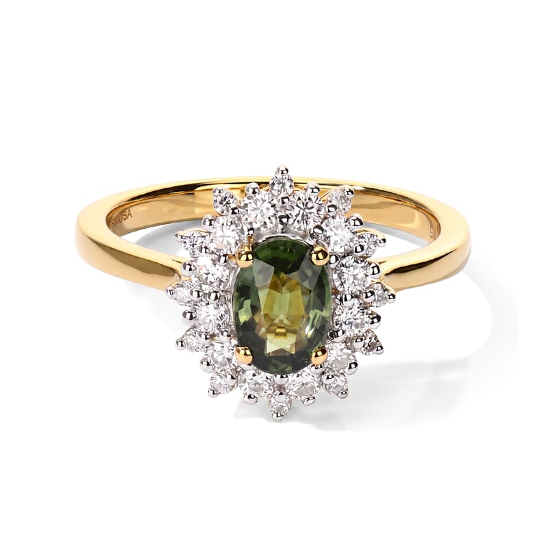 Certified and Appraised D'Joy Sapucaia Green Sapphire and Moissanite 1.45 ctw Ring in 18K Vermeil Yellow Gold Over Sterling Silver (Size 7.0)