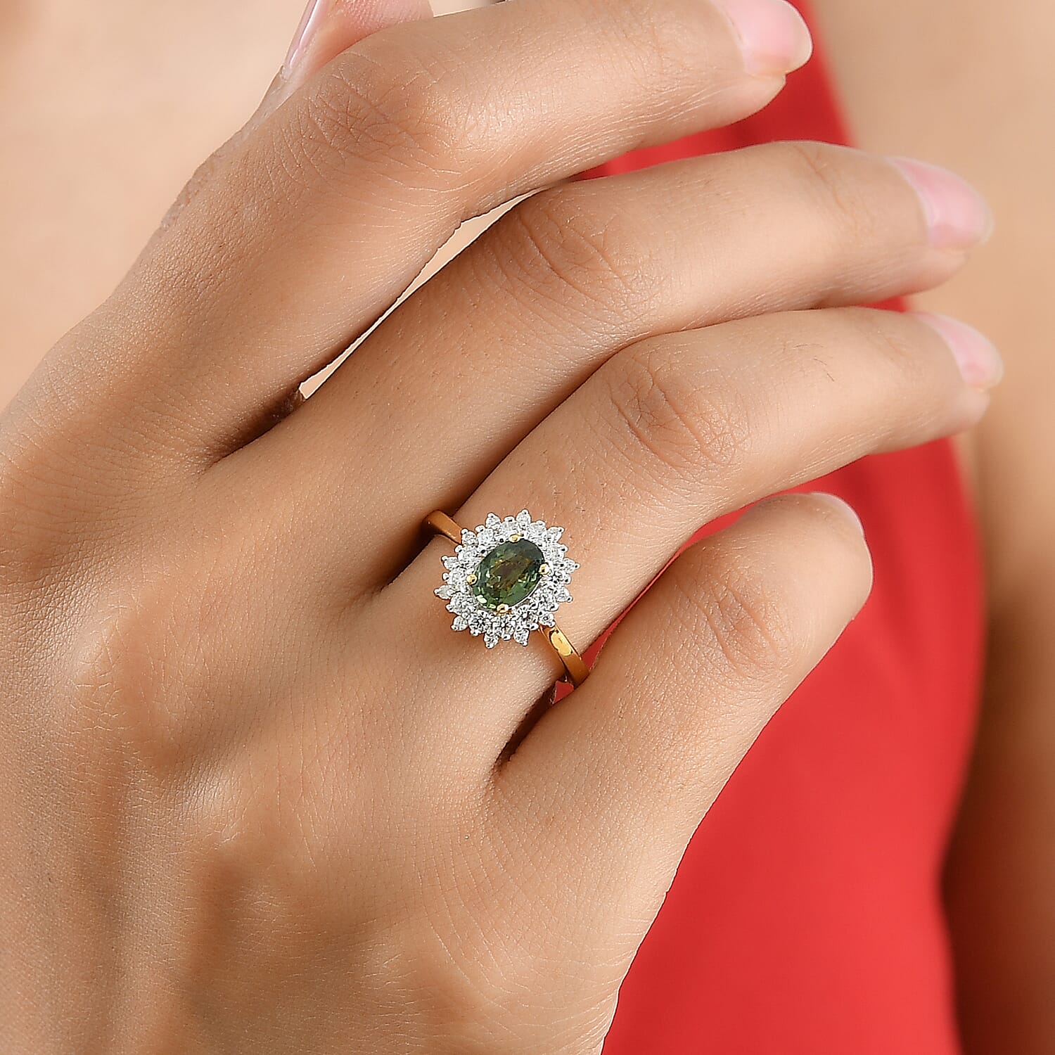 Certified and Appraised D'Joy Sapucaia Green Sapphire and Moissanite 1.45 ctw Ring in 18K Vermeil Yellow Gold Over Sterling Silver (Size 7.0)