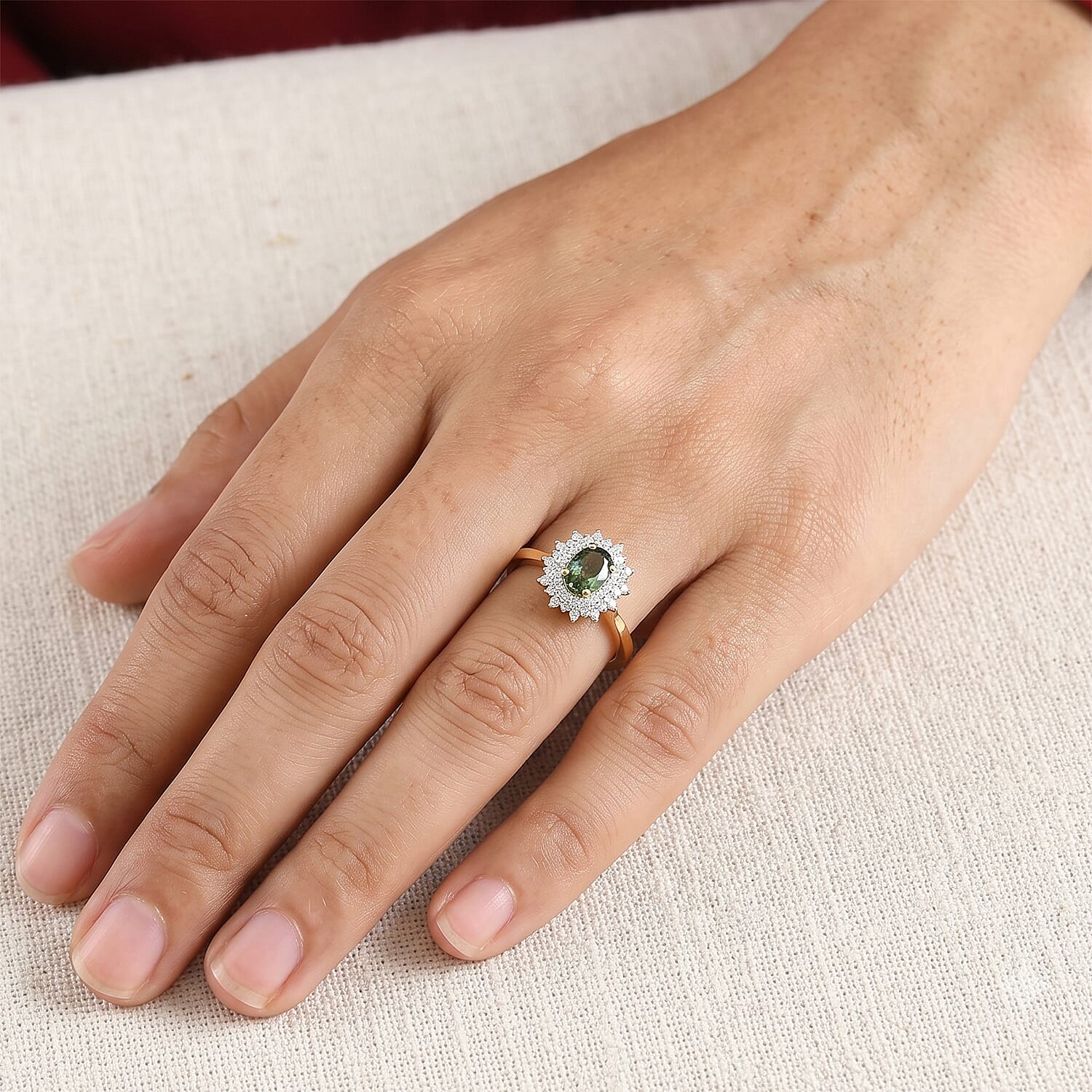 Certified and Appraised D'Joy Sapucaia Green Sapphire and Moissanite 1.45 ctw Ring in 18K Vermeil Yellow Gold Over Sterling Silver (Size 7.0)